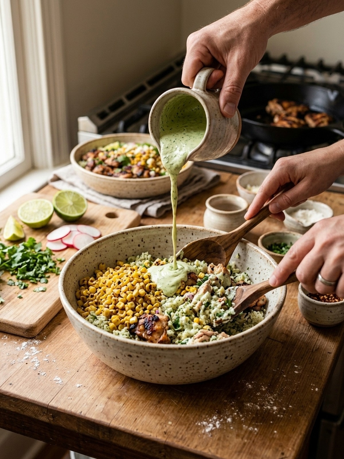 Step by step preparation of Street Corn Chicken Bowl with skillet corn chicken and creamy sauce