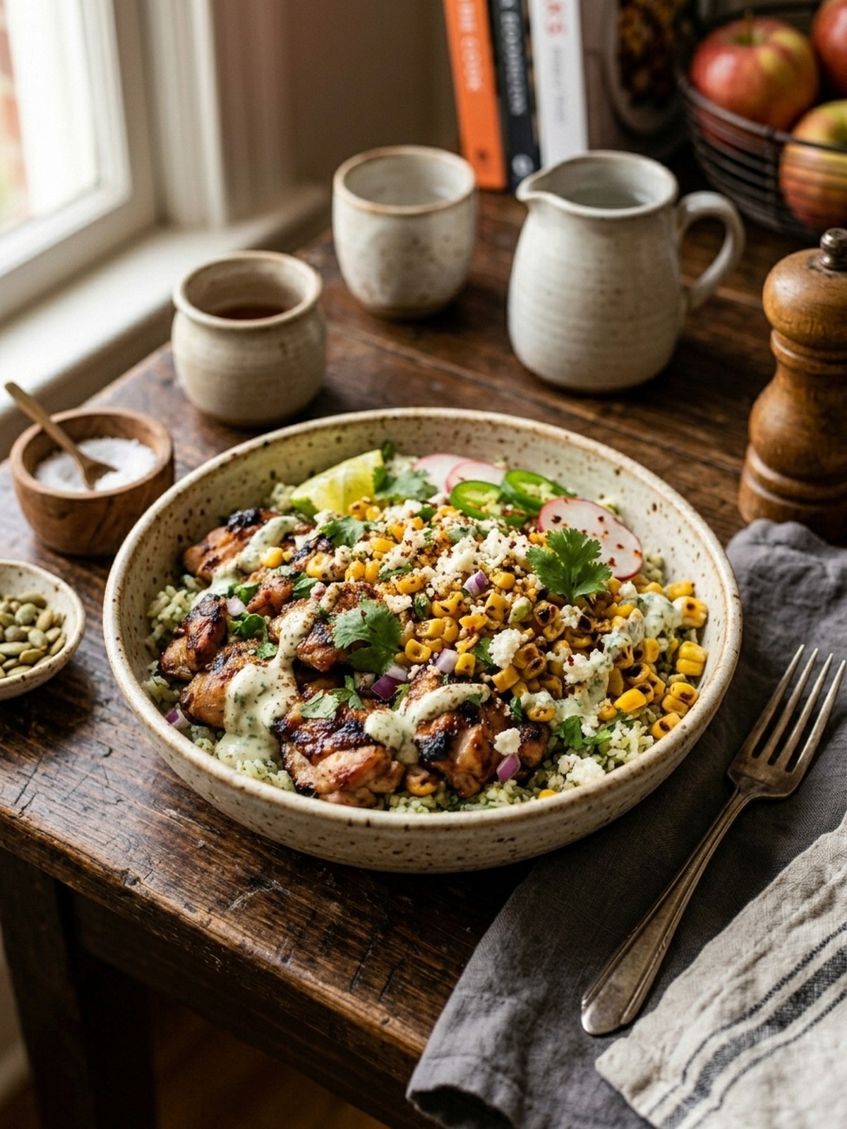 Serving and variation ideas for Street Corn Chicken Bowl with toppings and lime wedges