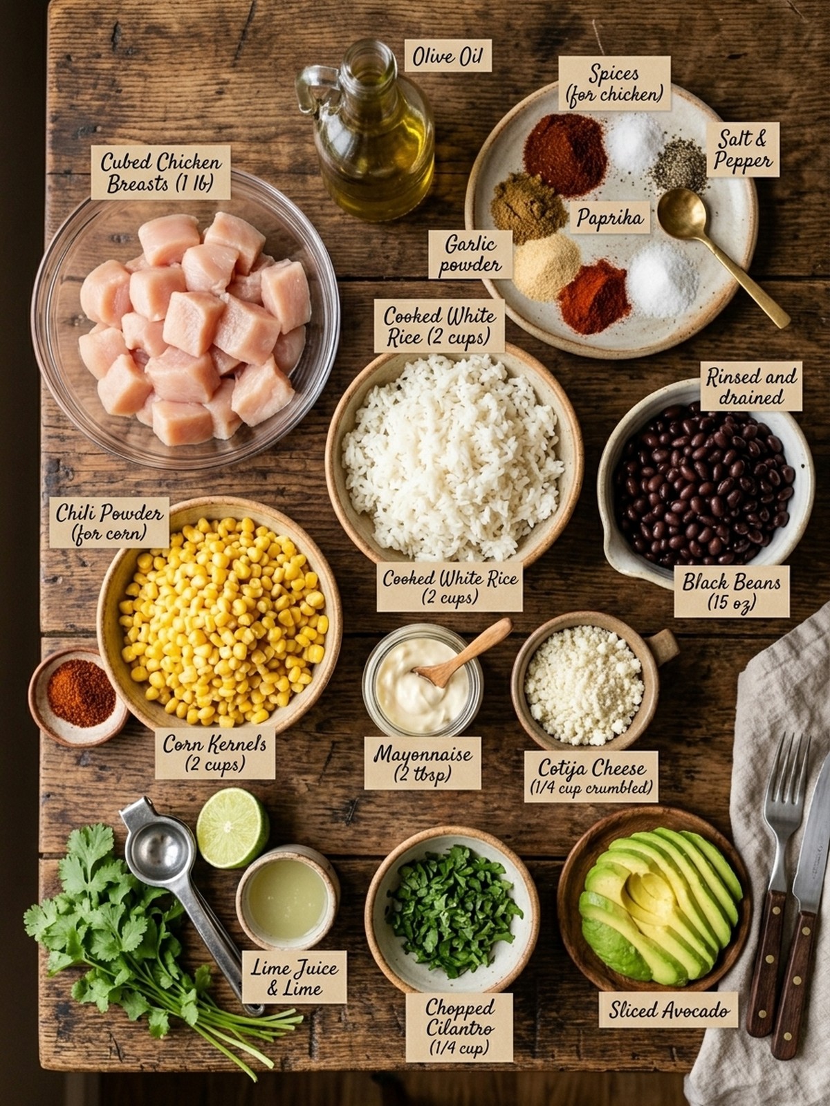Street Corn Chicken Rice Bowl ingredients arranged for cooking