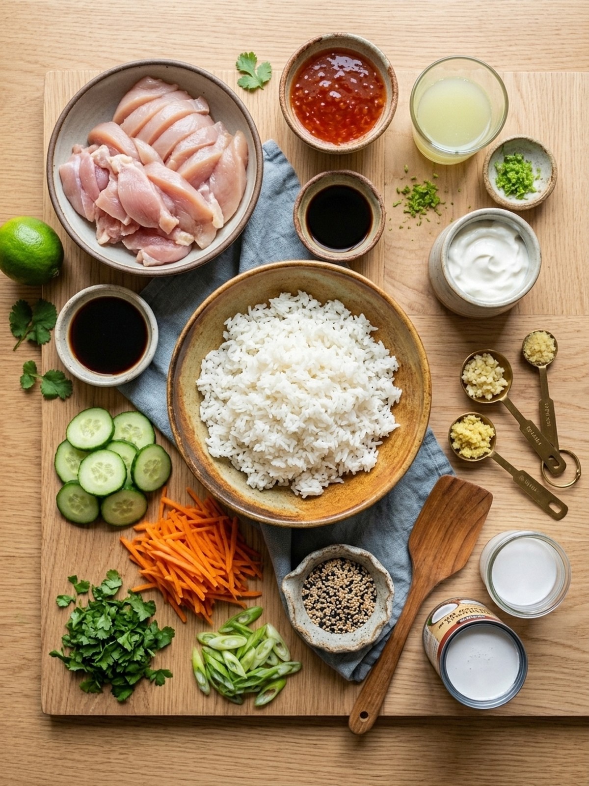Sweet Chili Chicken Bowl ingredients arranged for cooking