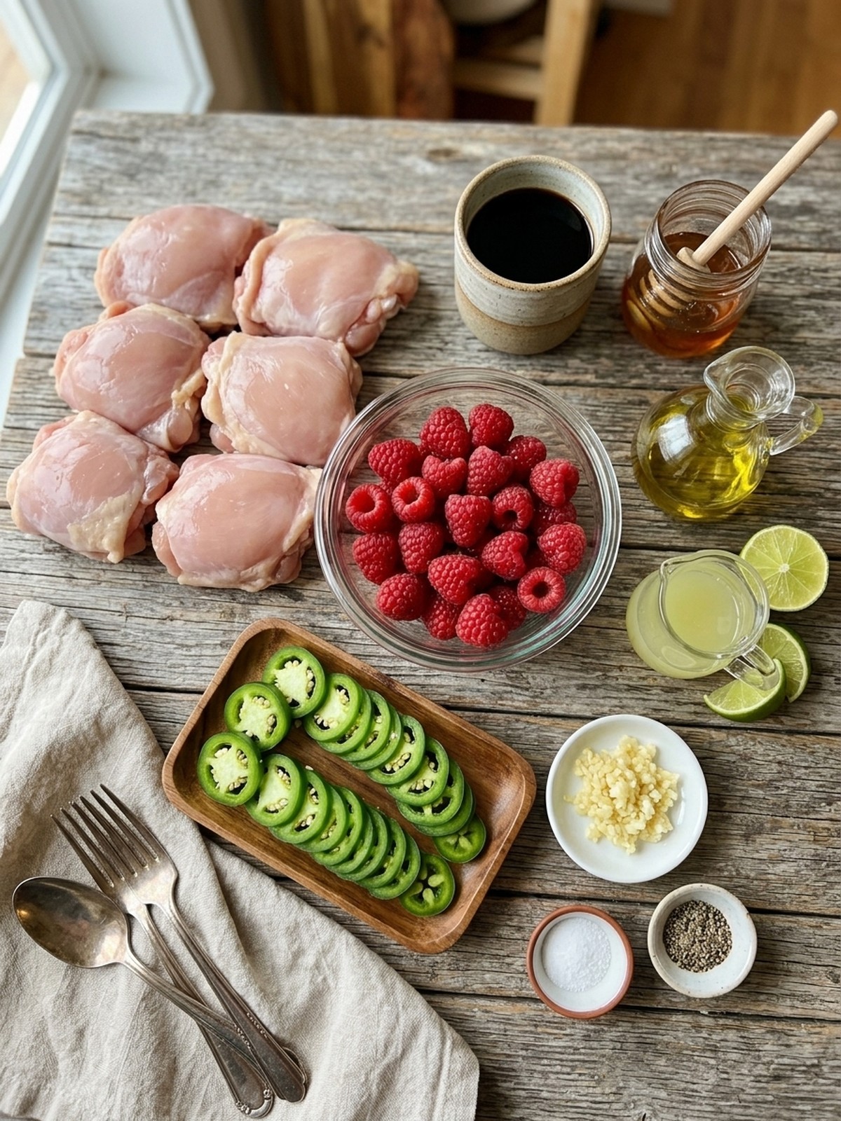 Sweet & Spicy Jalapeño Raspberry Chicken ingredients arranged for cooking