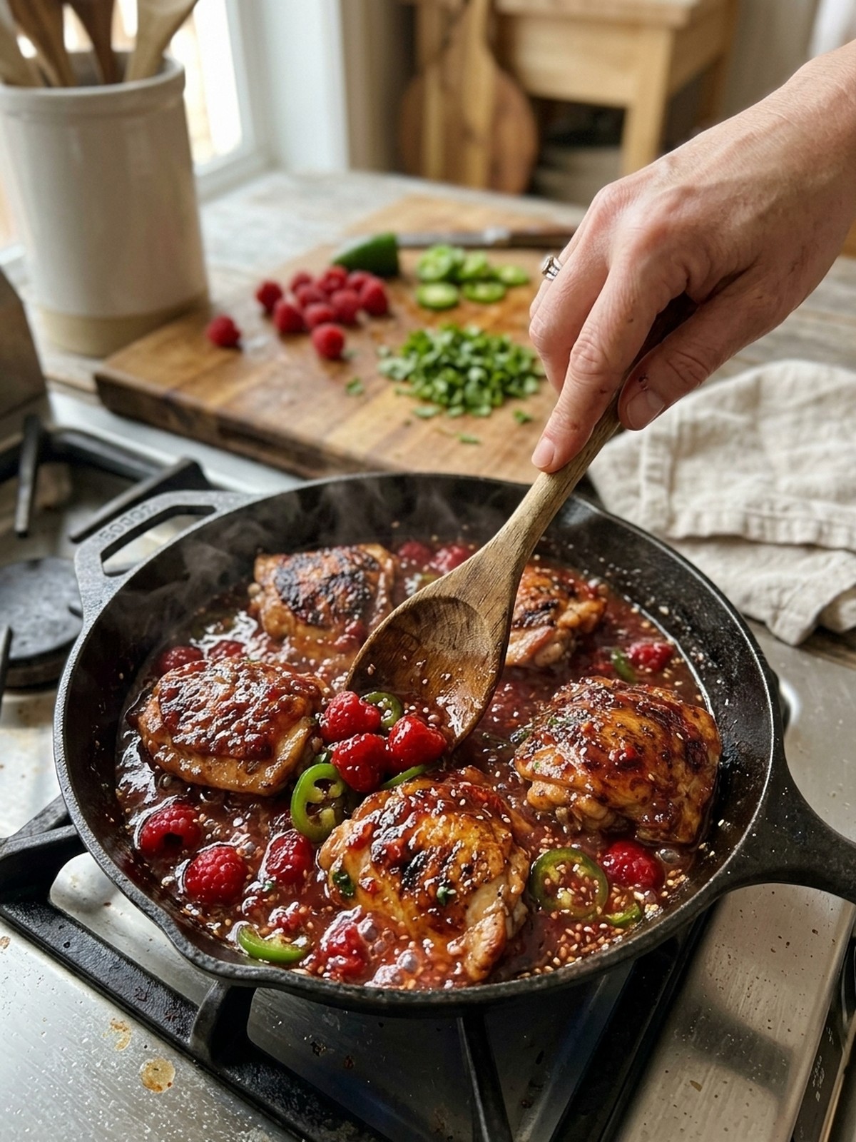 Step by step preparation of Sweet & Spicy Jalapeño Raspberry Chicken