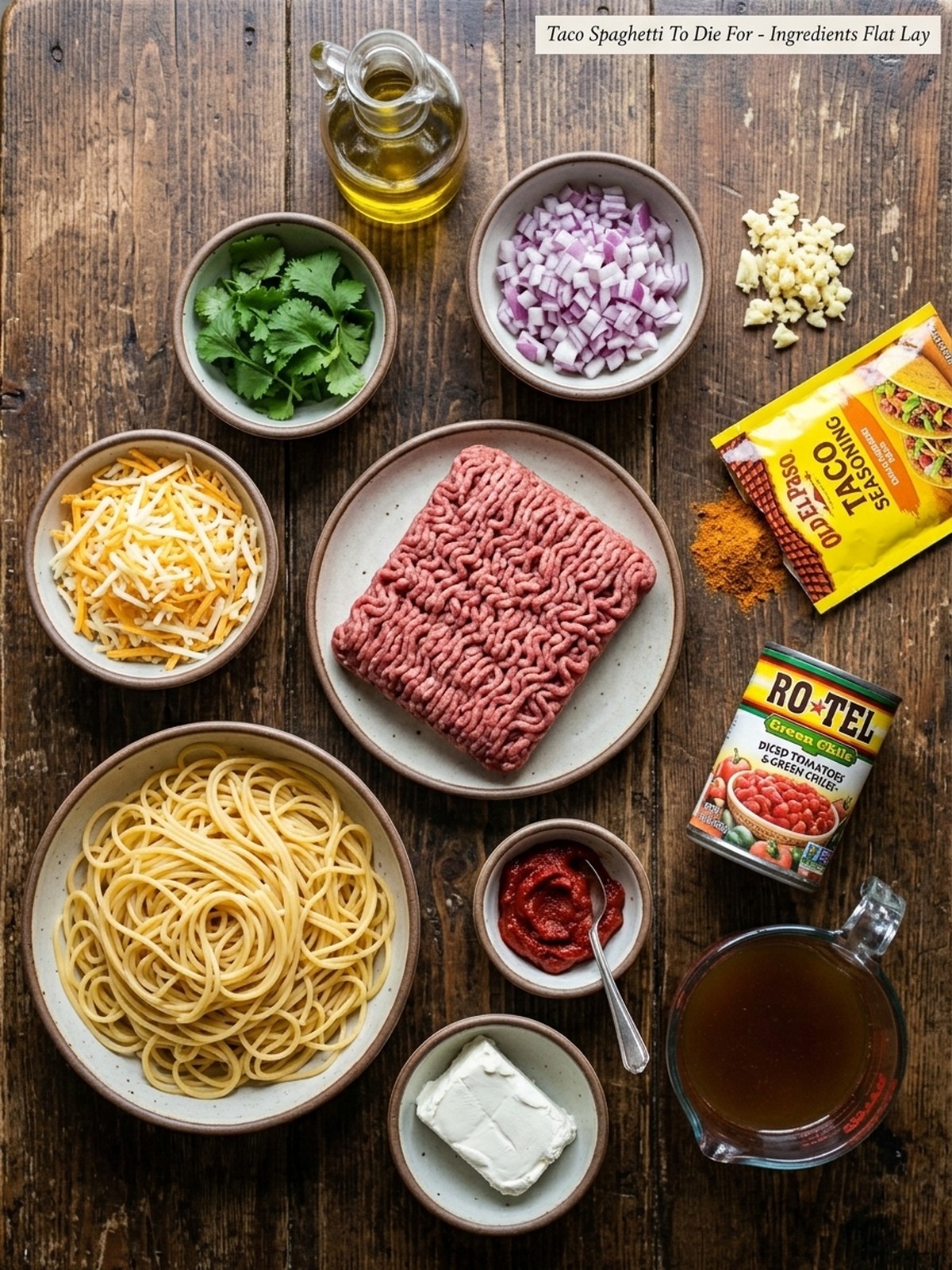 Taco Spaghetti To Die For ingredients arranged for cooking