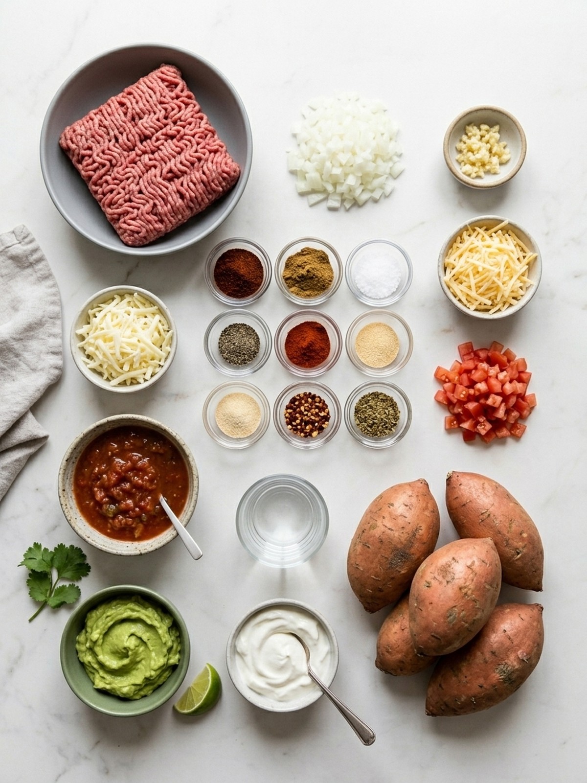 Taco Stuffed Sweet Potatoes ingredients arranged for cooking