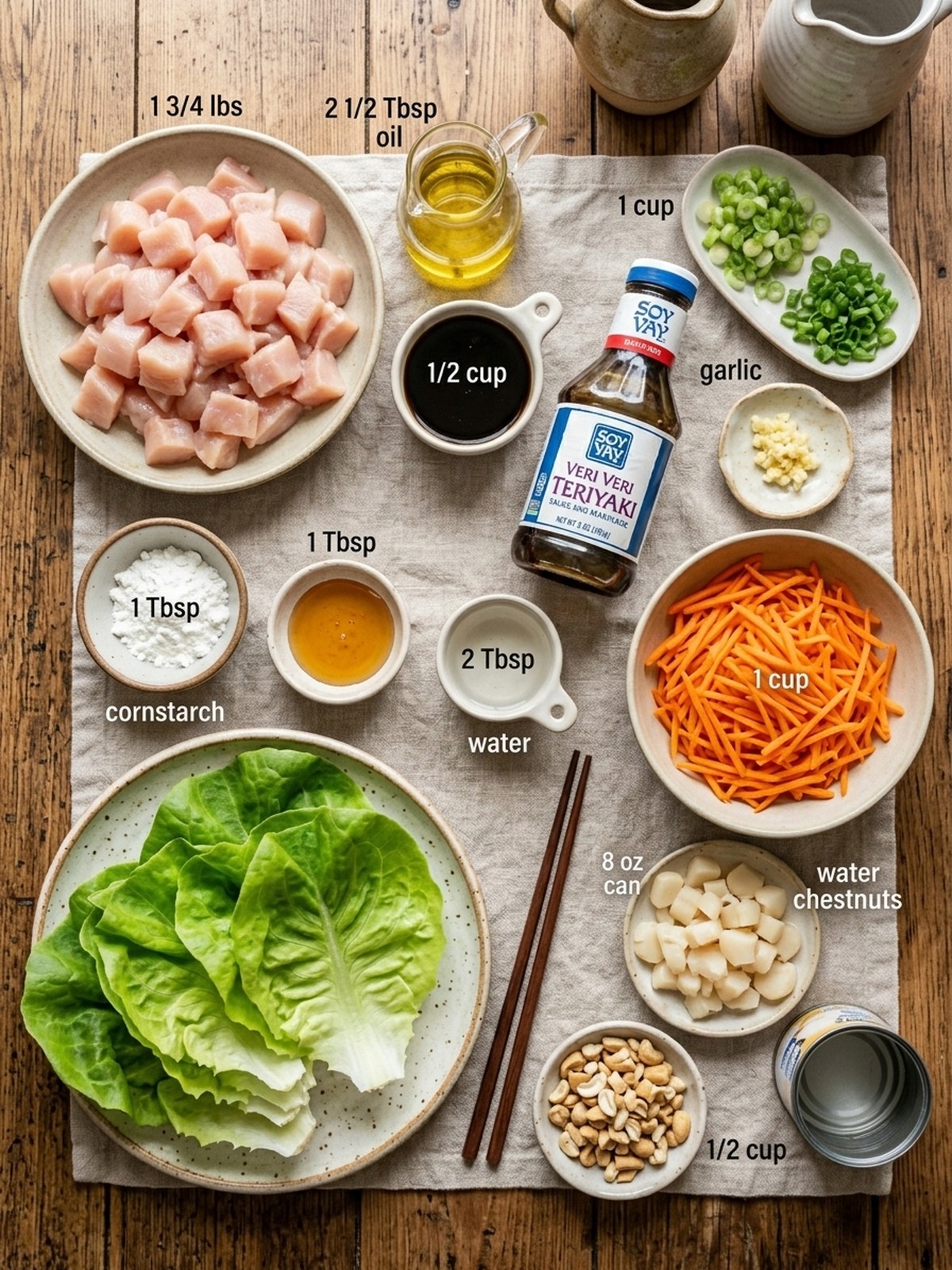 Teriyaki Chicken Lettuce Wraps ingredients arranged for cooking