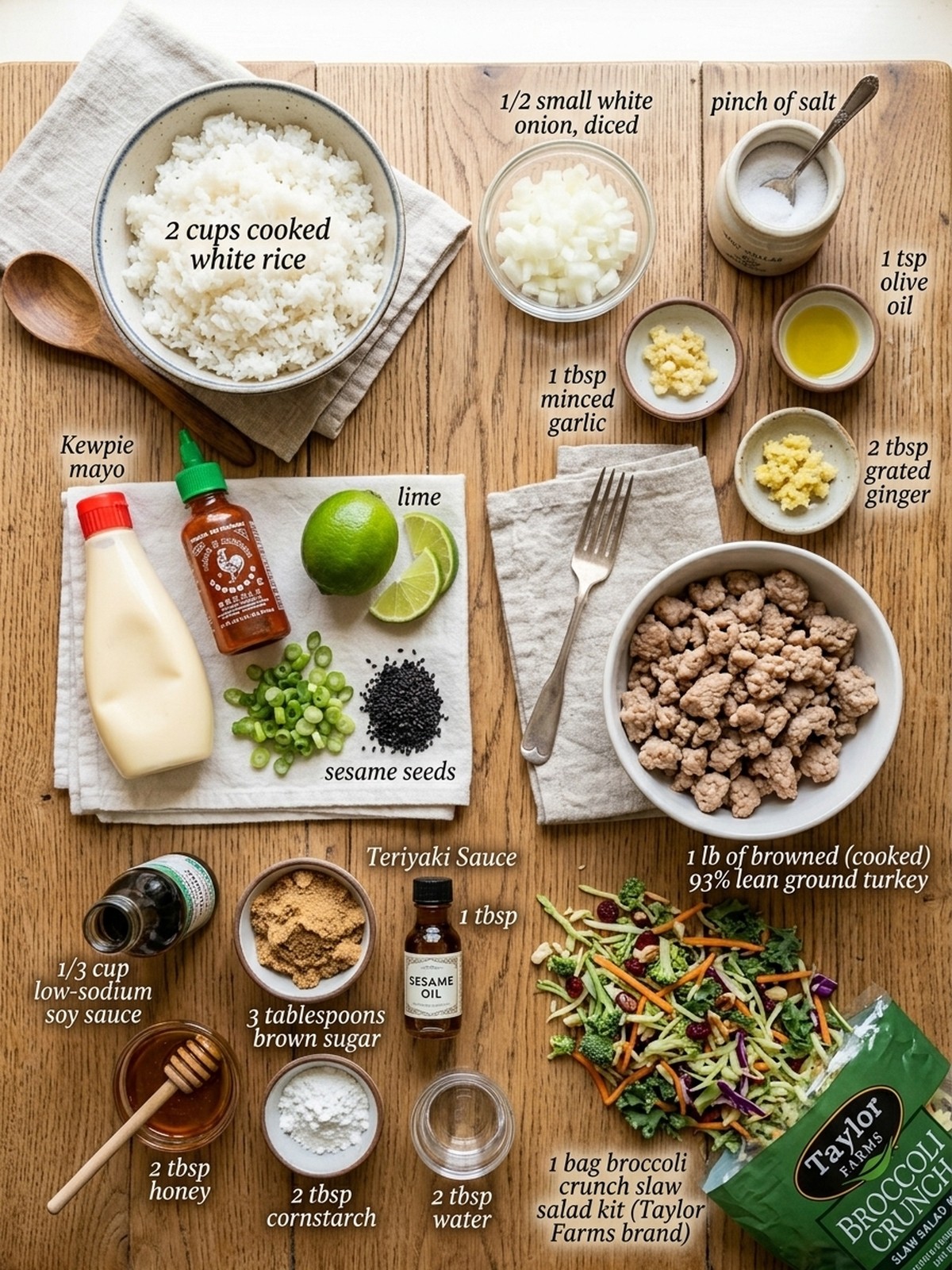 Teriyaki Ground Turkey Bowl ingredients arranged for cooking