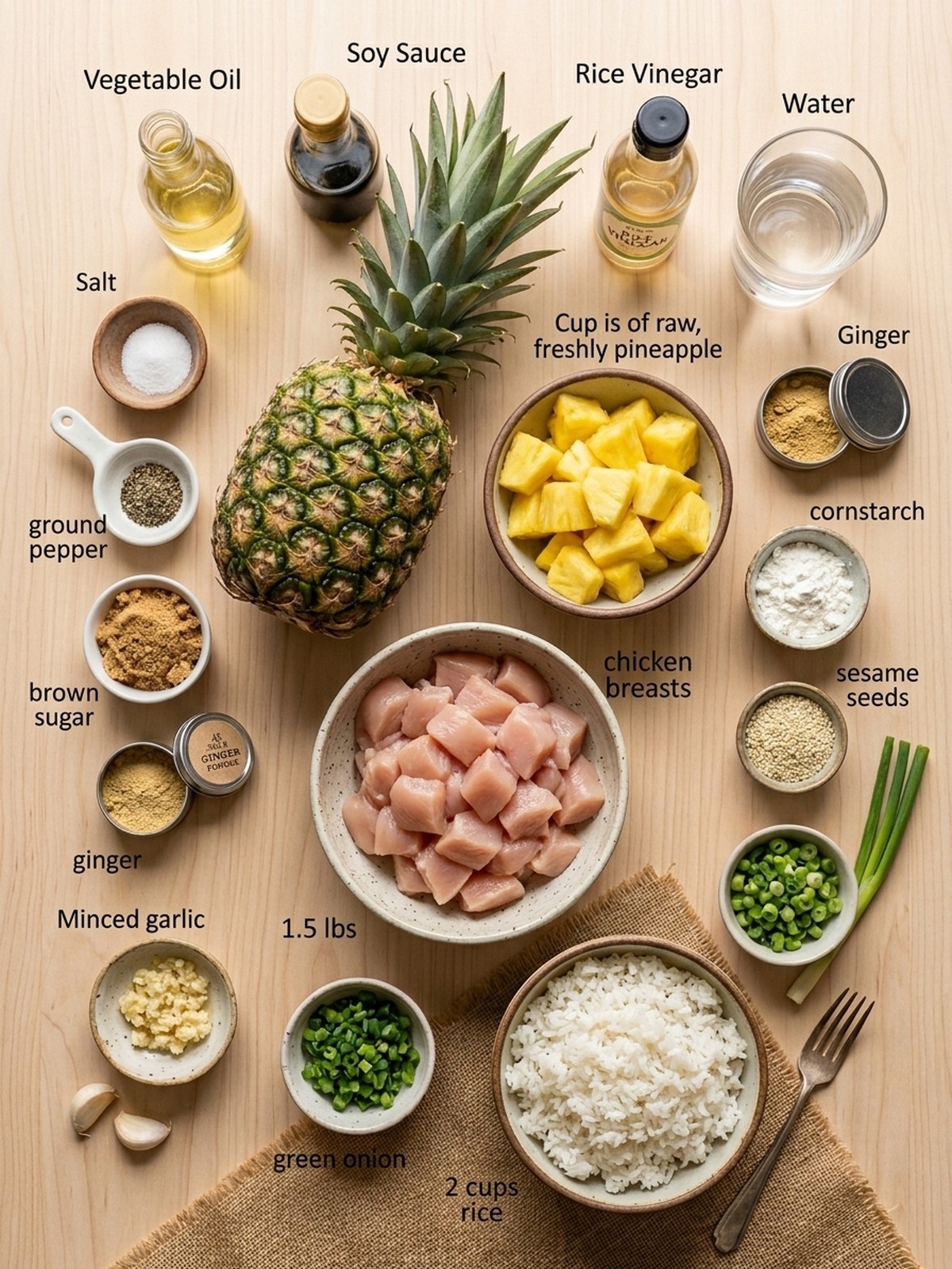 Teriyaki Pineapple Chicken With Rice ingredients arranged for cooking