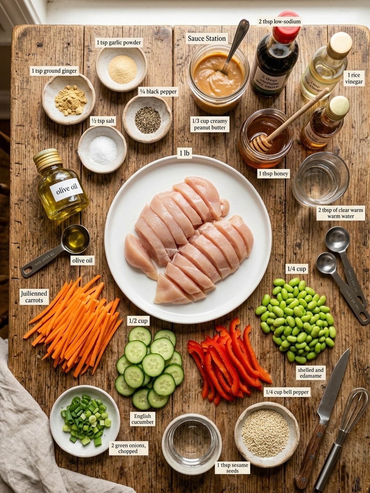 Thai Peanut Chicken Buddha Bowl ingredients arranged for cooking