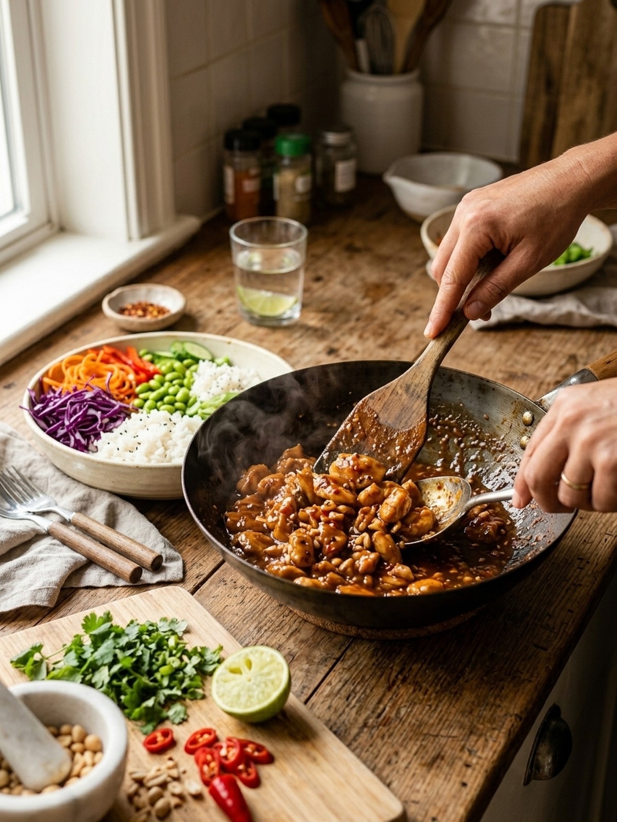 Step by step preparation of Thai Peanut Chicken Buddha Bowl