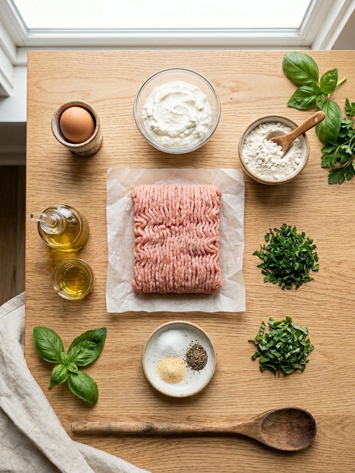Turkey Ricotta Meatballs ingredients arranged for cooking