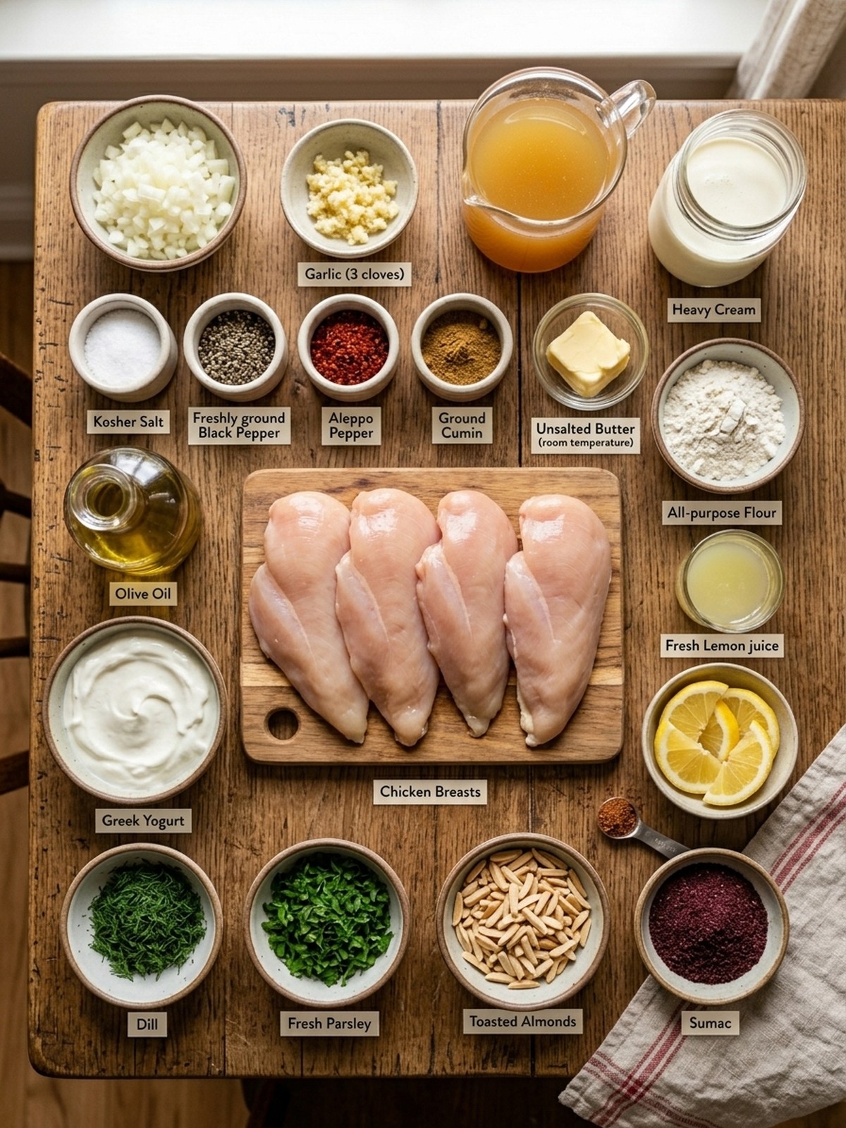 Turkish Chicken With Creamy White Sauce ingredients arranged for cooking