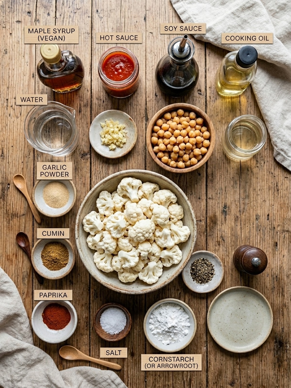 Vegan Hot Honey Cauliflower And Chickpeas ingredients arranged for cooking