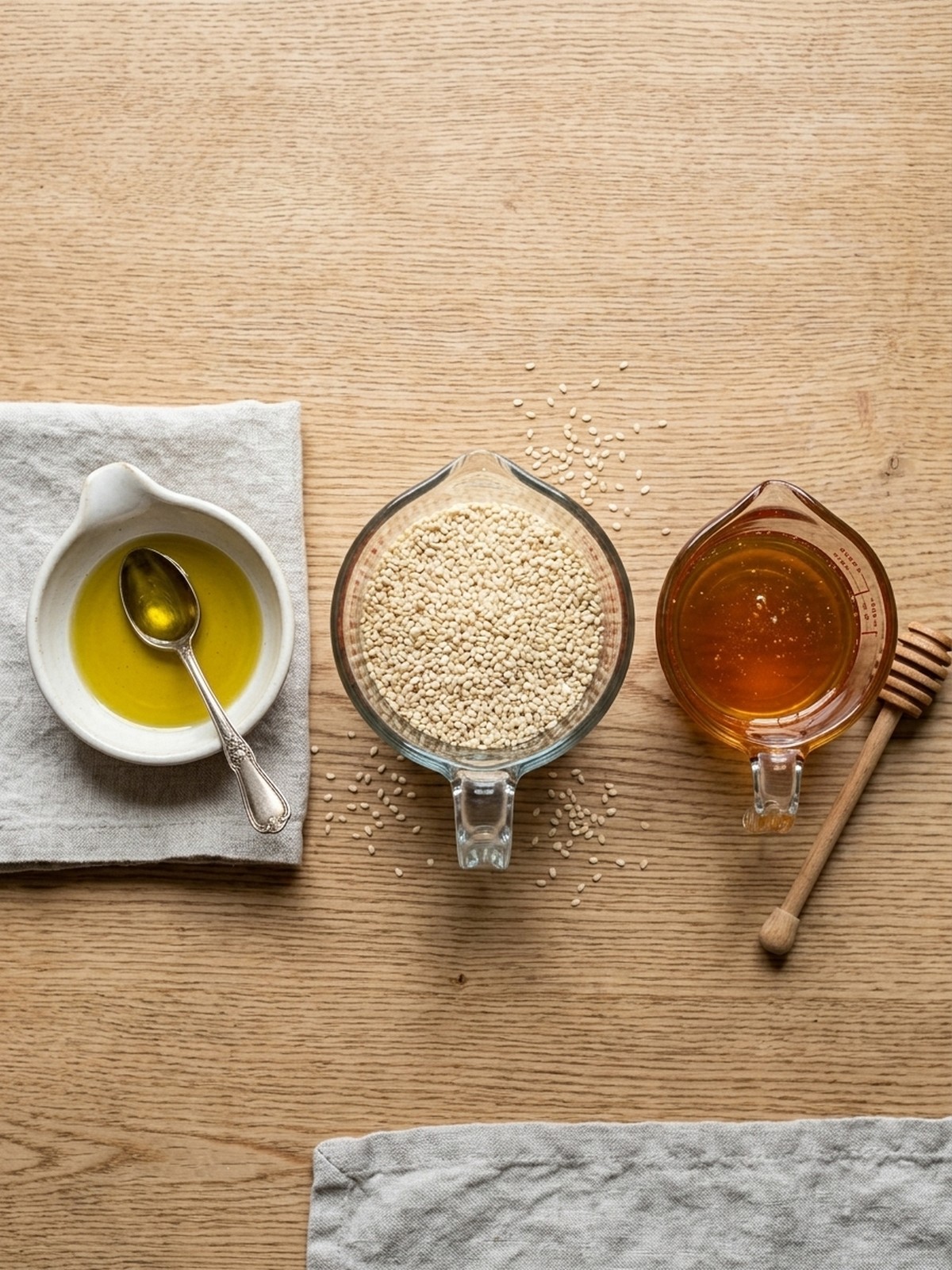 2-ingredient Greek Candy ingredients with sesame seeds and honey ready for cooking