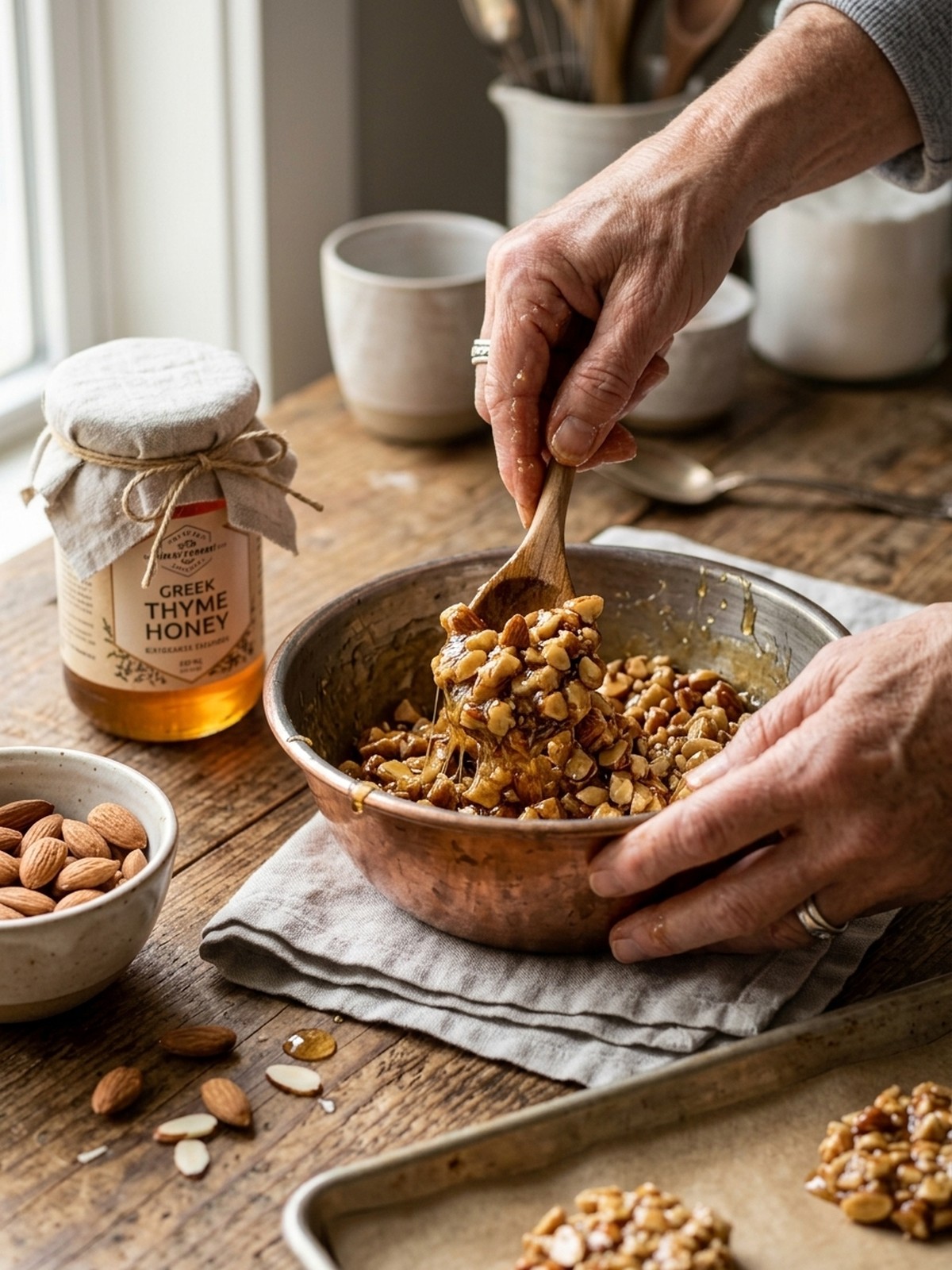 Step by step preparation of 2-ingredient Greek Candy with sesame honey mixture pressed flat