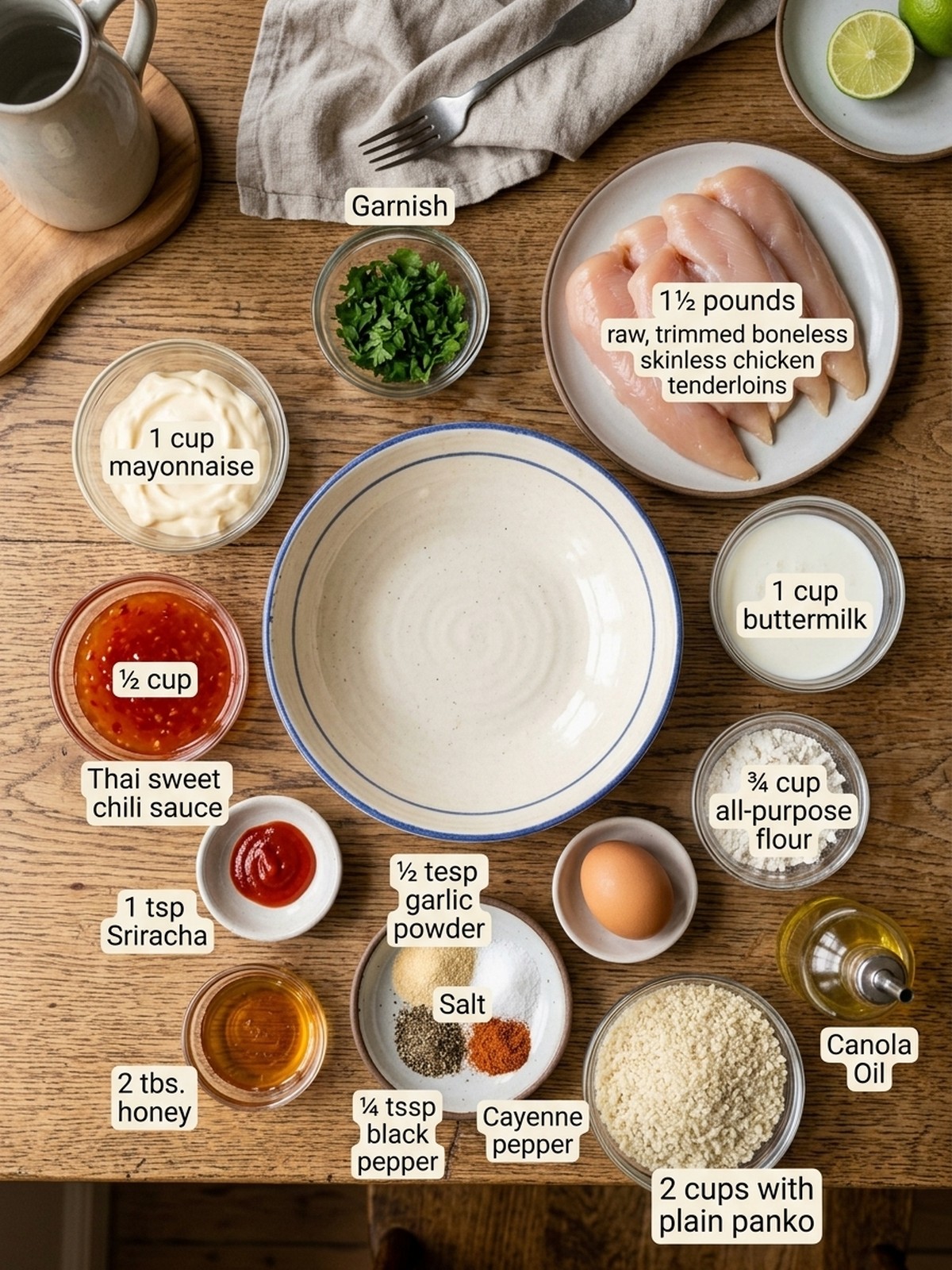 Bang Bang Chicken sauce and breading ingredients arranged for cooking
