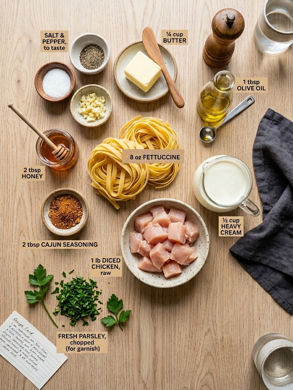 Cajun Honey Butter Chicken Pasta ingredients arranged for cooking
