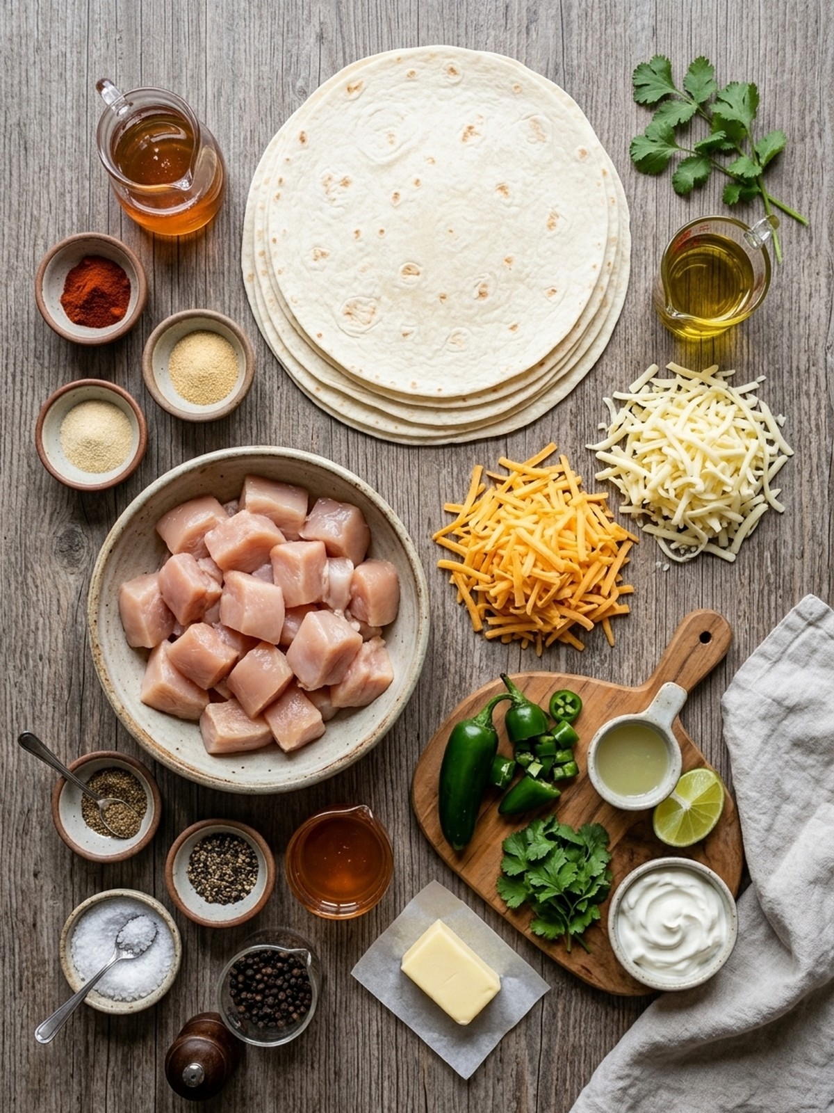 Cheesy Hot Honey Chicken Quesadillas ingredients arranged for cooking