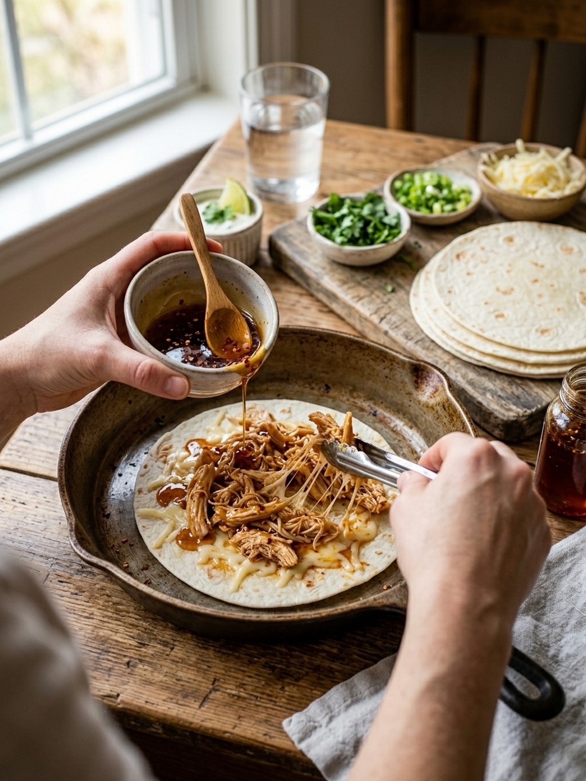 Step by step preparation of Cheesy Hot Honey Chicken Quesadillas