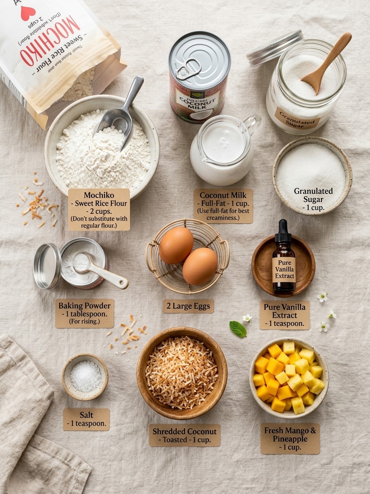 Coconut Mochi Cake ingredients with sweet rice flour coconut milk eggs and shredded coconut