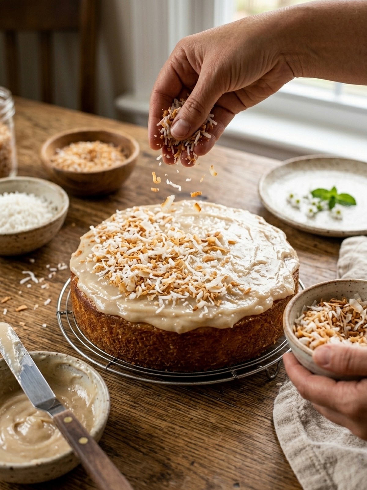 Step by step preparation of Coconut Mochi Cake batter and baked coconut topping