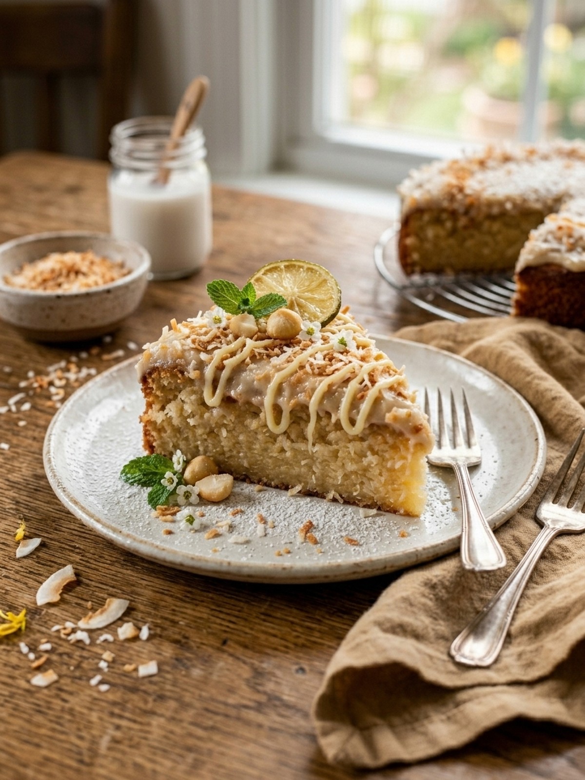Serving and variation ideas for Coconut Mochi Cake with toasted coconut and fresh mango