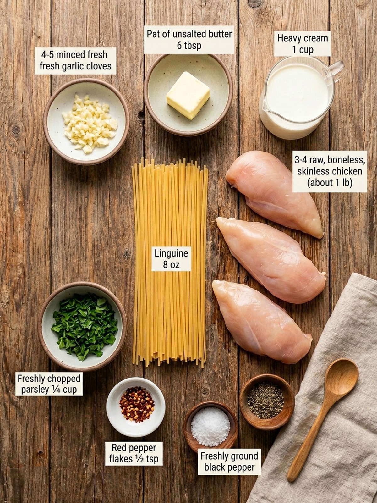 Cowboy Butter Chicken Linguine ingredients arranged for cooking
