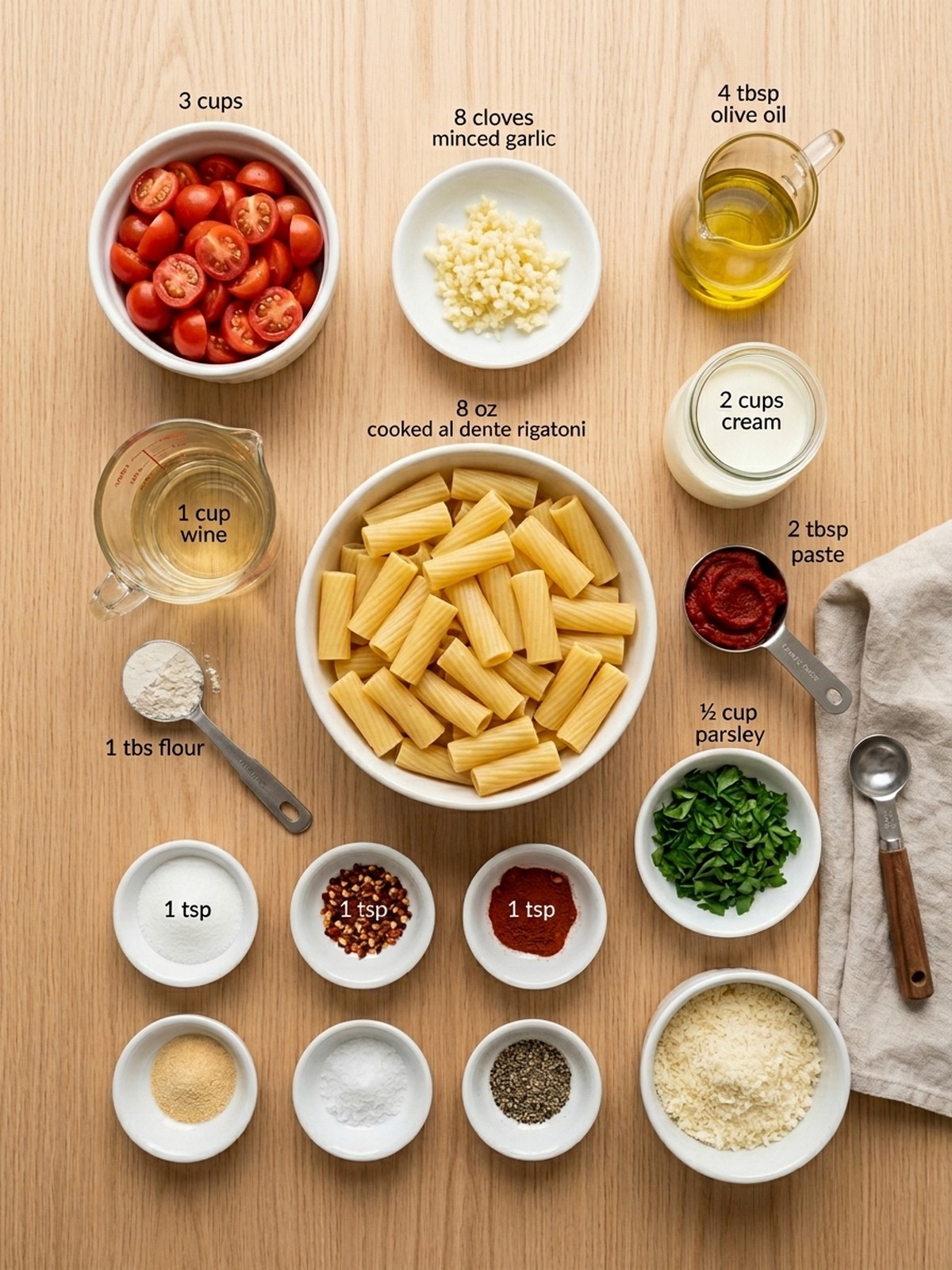 Creamy Tomato Garlic Pasta Recipe ingredients arranged for cooking