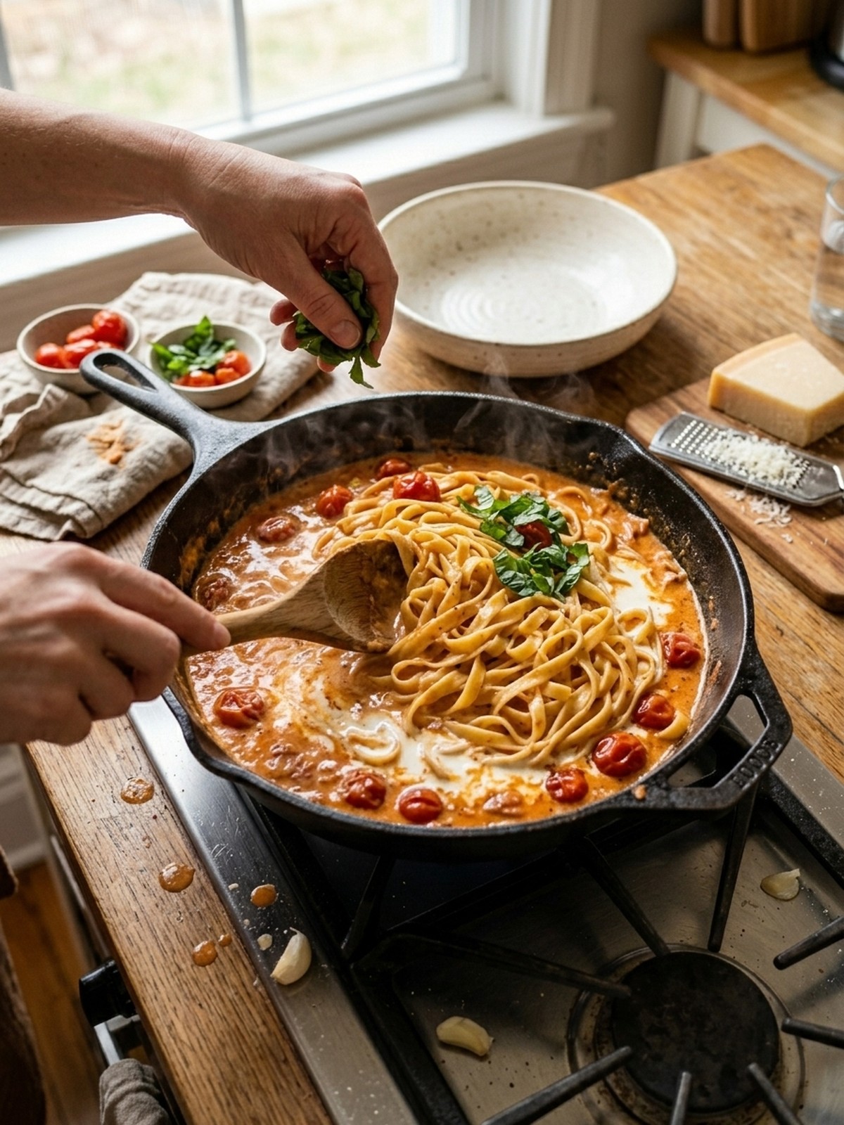 Step by step preparation of Creamy Tomato Garlic Pasta Recipe