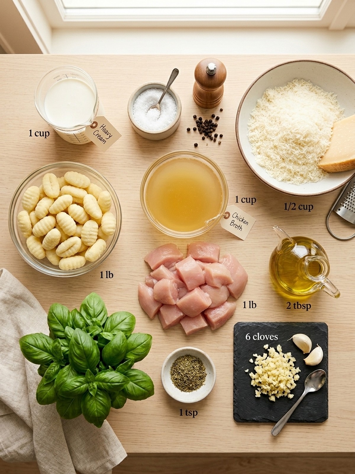 Garlic Chicken Gnocchi Skillet ingredients arranged for cooking