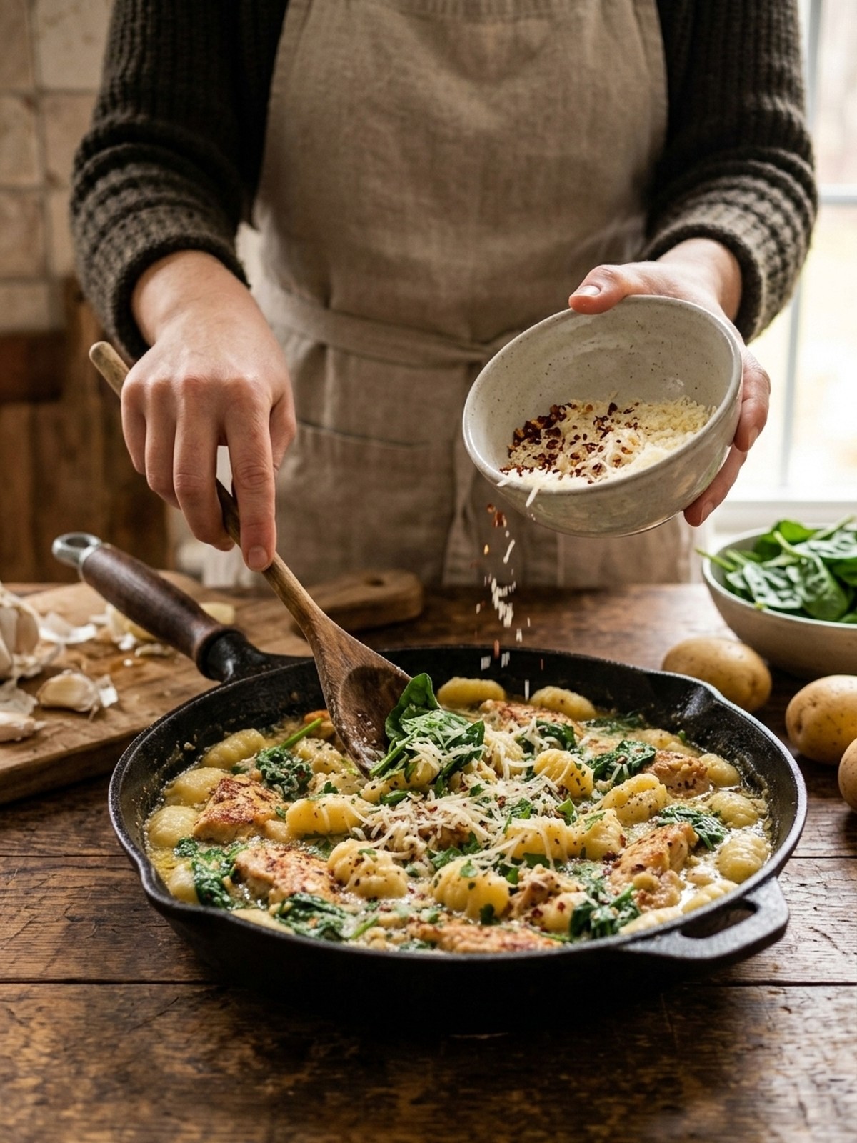 Step by step preparation of Garlic Chicken Gnocchi Skillet