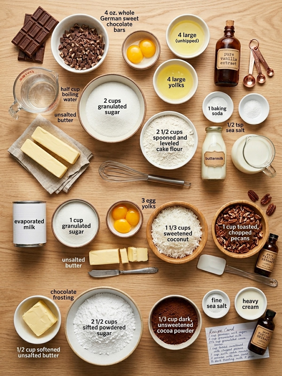 German Chocolate Cake ingredients arranged for baking