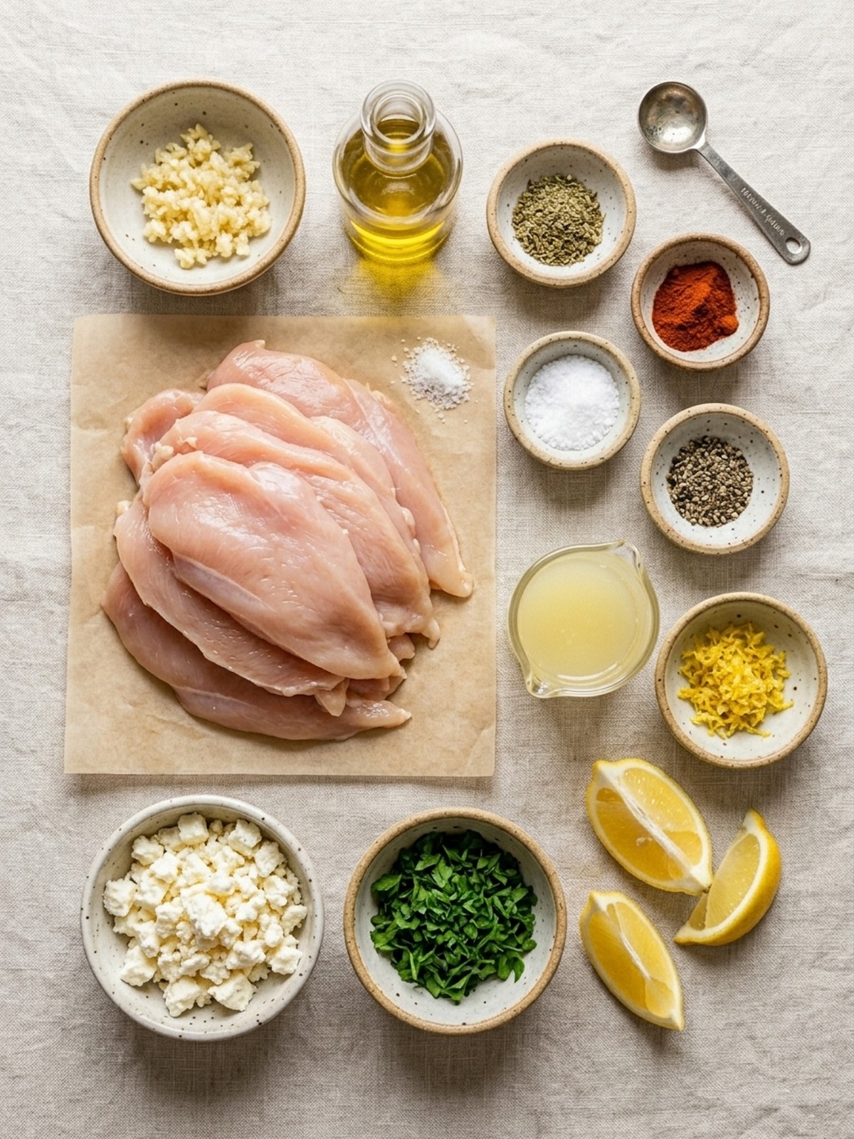 Greek Chicken With Lemon And Feta ingredients arranged for cooking