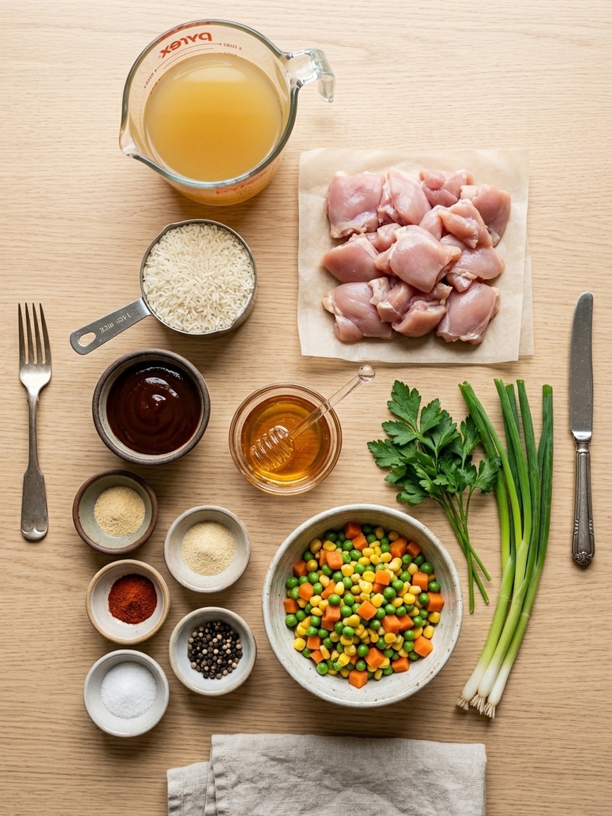 Honey BBQ Chicken Rice ingredients arranged for cooking