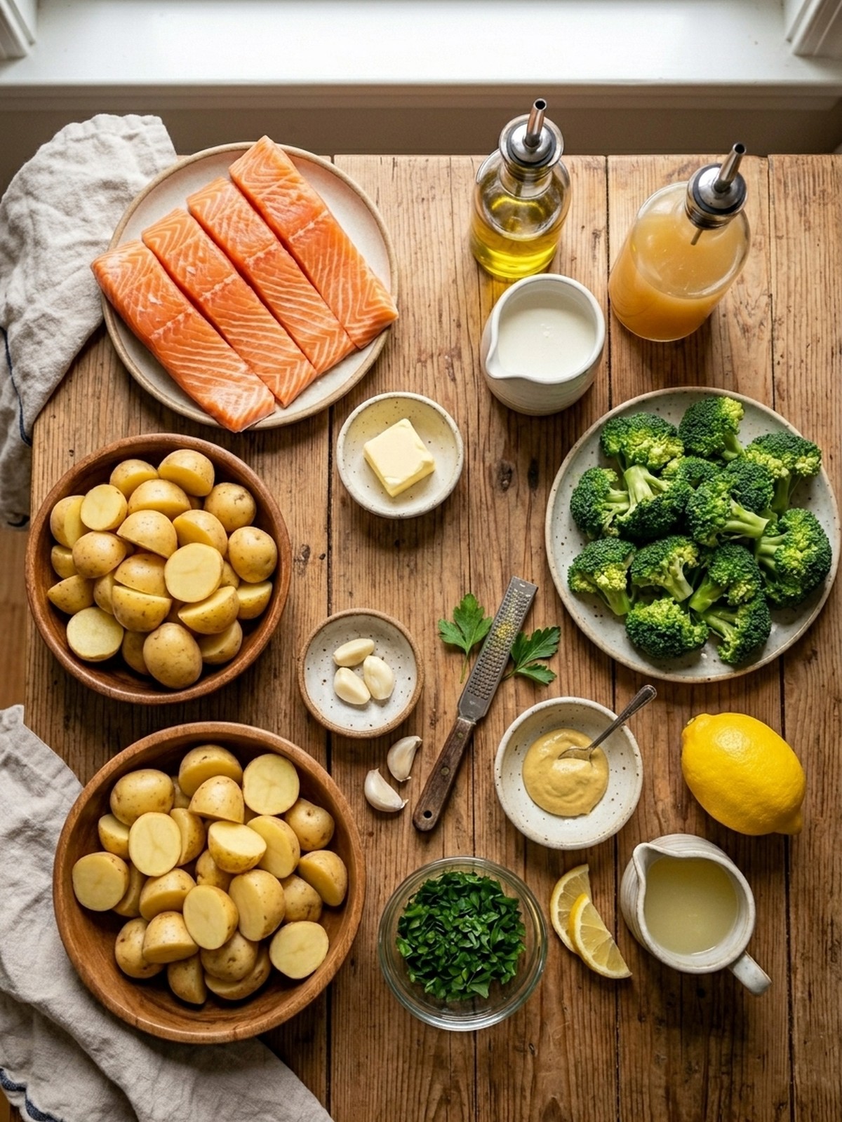 Lemon Butter Salmon With Crispy Potatoes And Broccoli ingredients arranged for cooking
