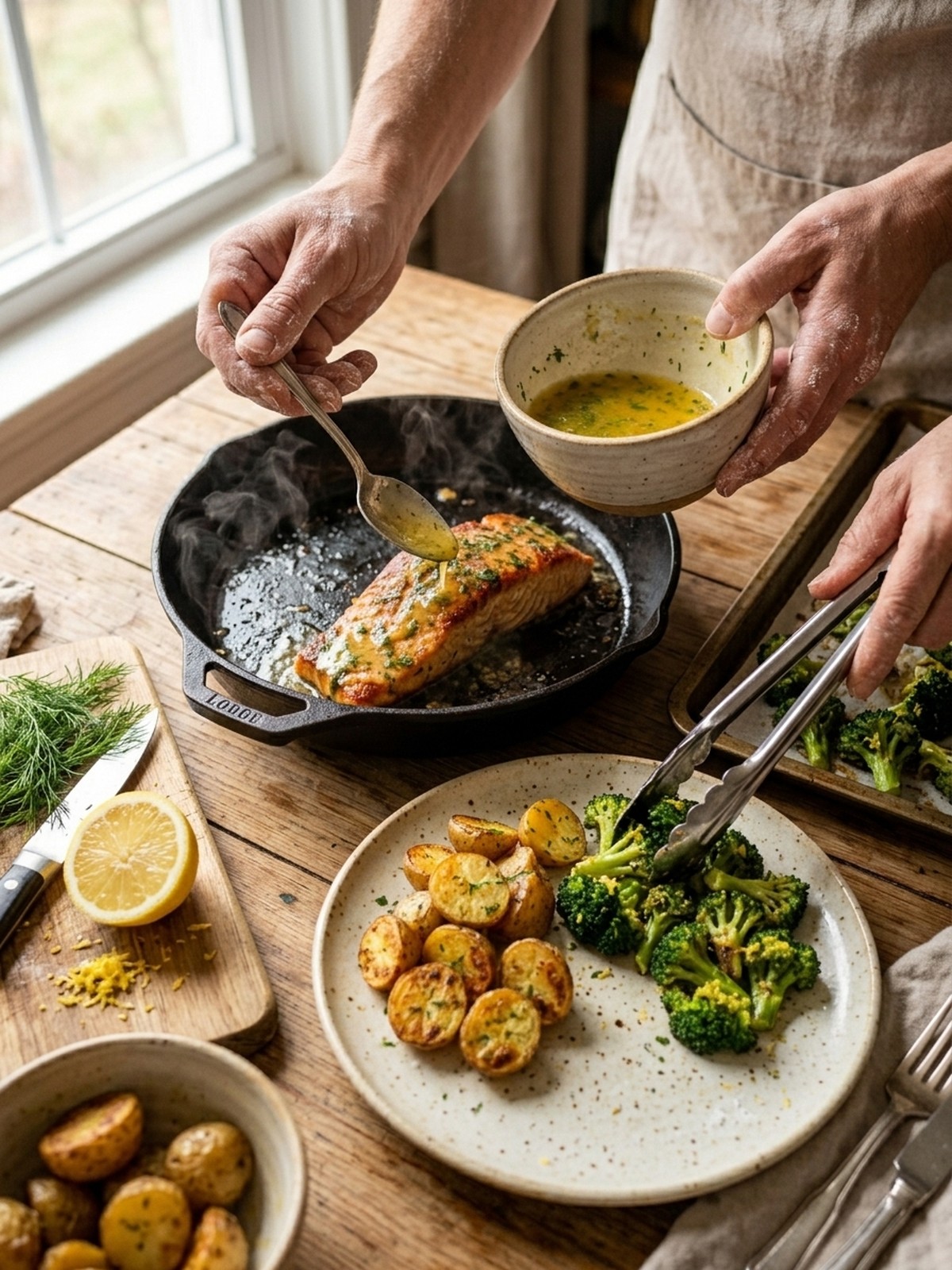 Step by step preparation of Lemon Butter Salmon With Crispy Potatoes And Broccoli