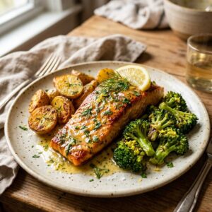 Lemon Butter Salmon With Crispy Potatoes And Broccoli