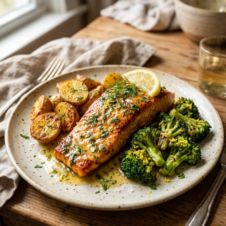 Lemon Butter Salmon With Crispy Potatoes And Broccoli