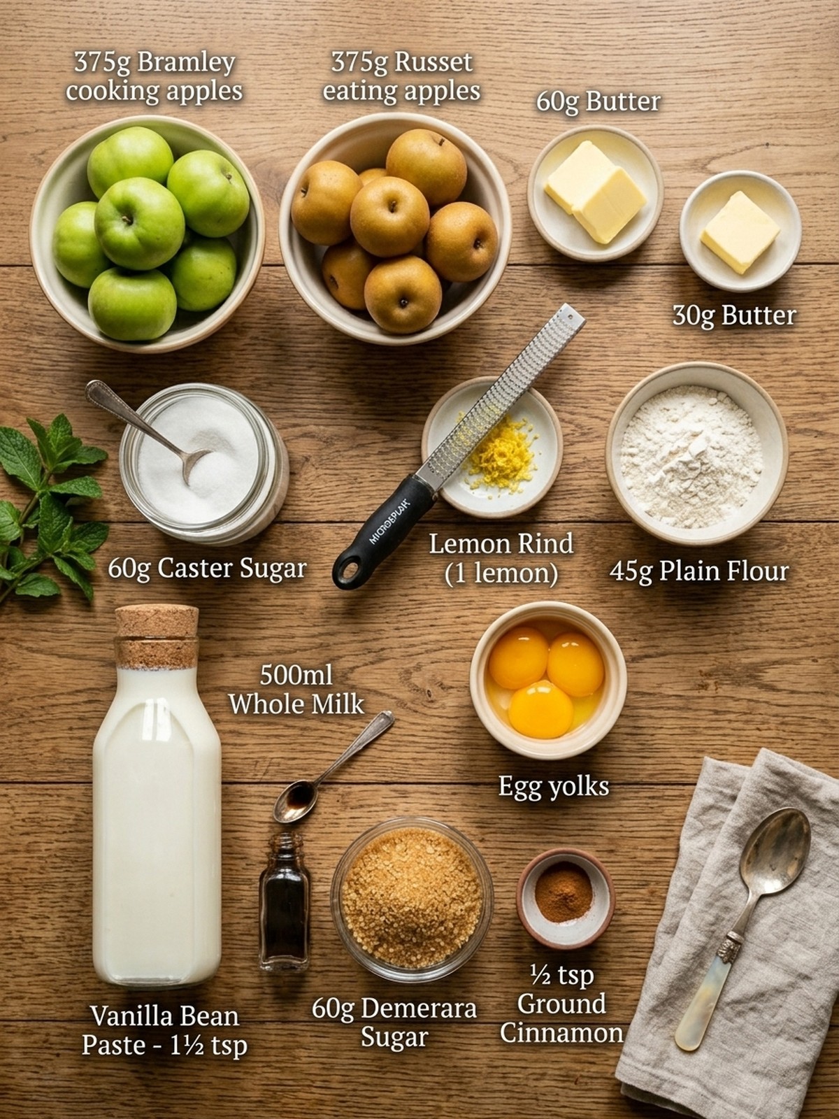 Malvern Pudding ingredients with apples milk eggs sugar cinnamon and vanilla