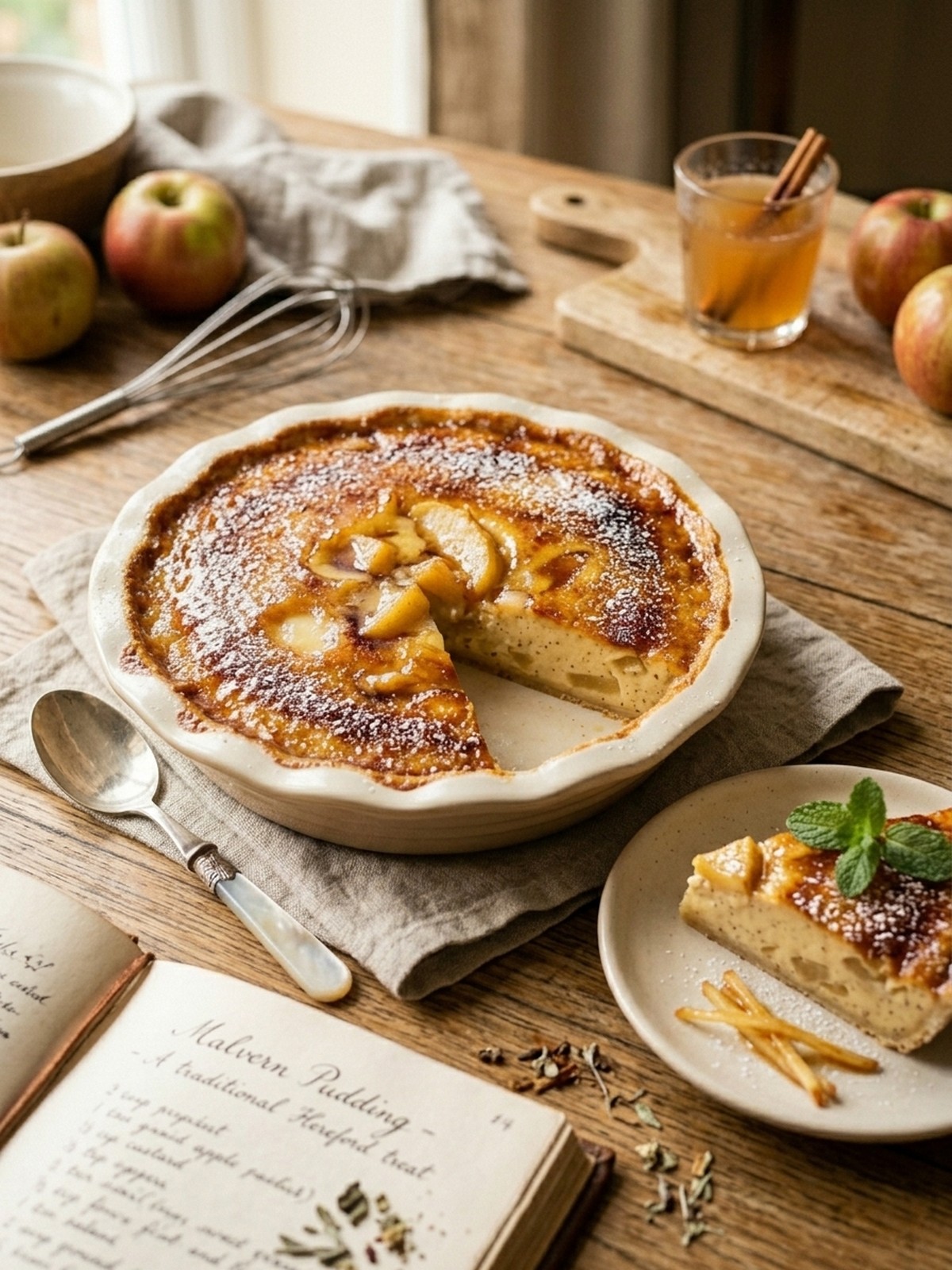 Warm Malvern Pudding served with cinnamon sugar topping and soft apple custard layers