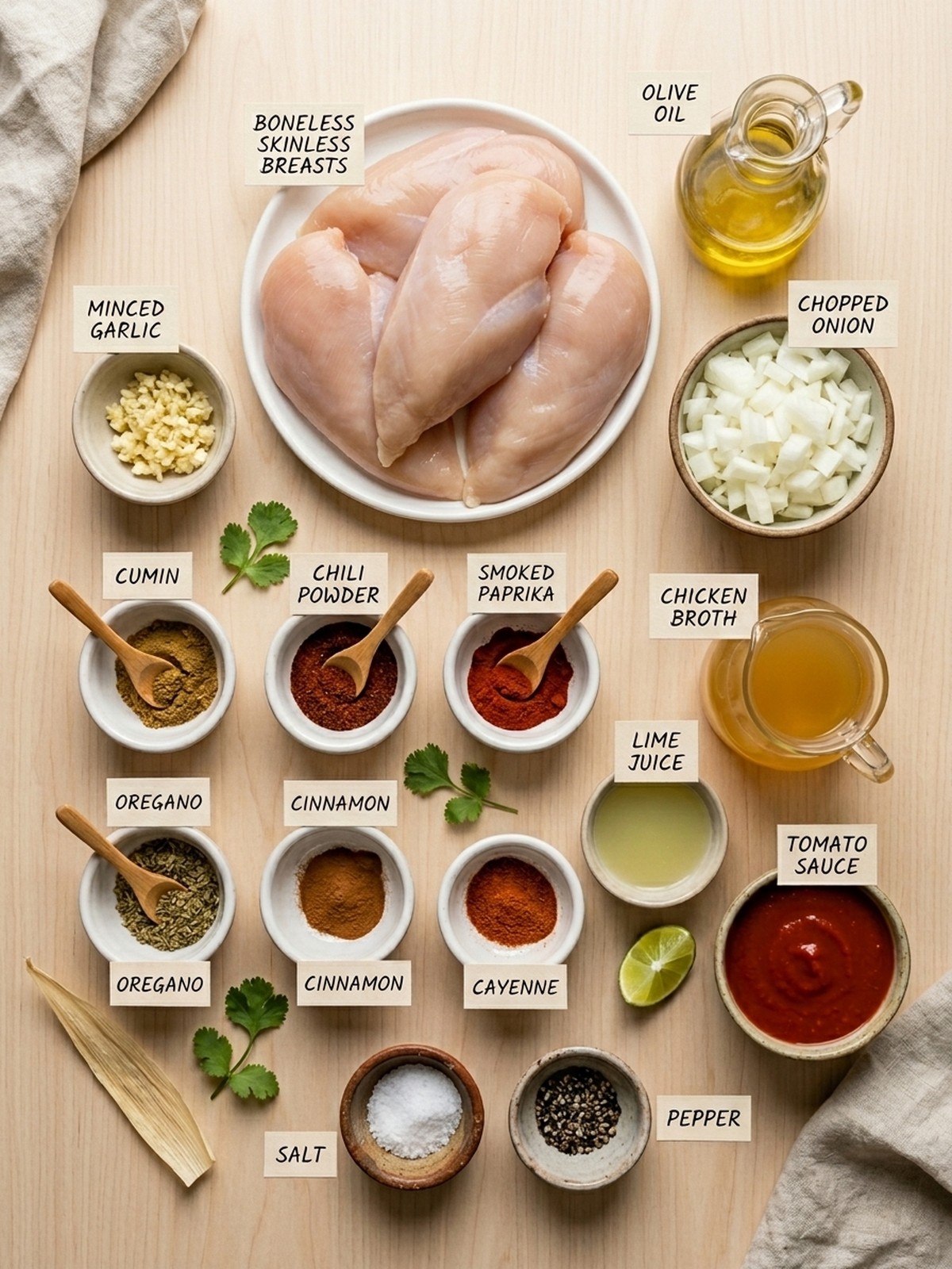 Mexican Pulled Chicken ingredients arranged for cooking