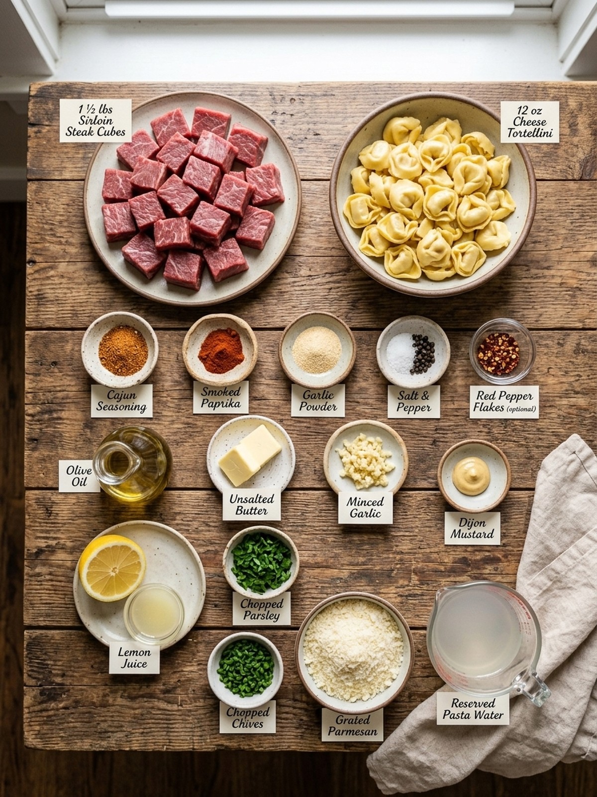 One-pan Cowboy Butter Tortellini Steak Bites ingredients arranged for cooking