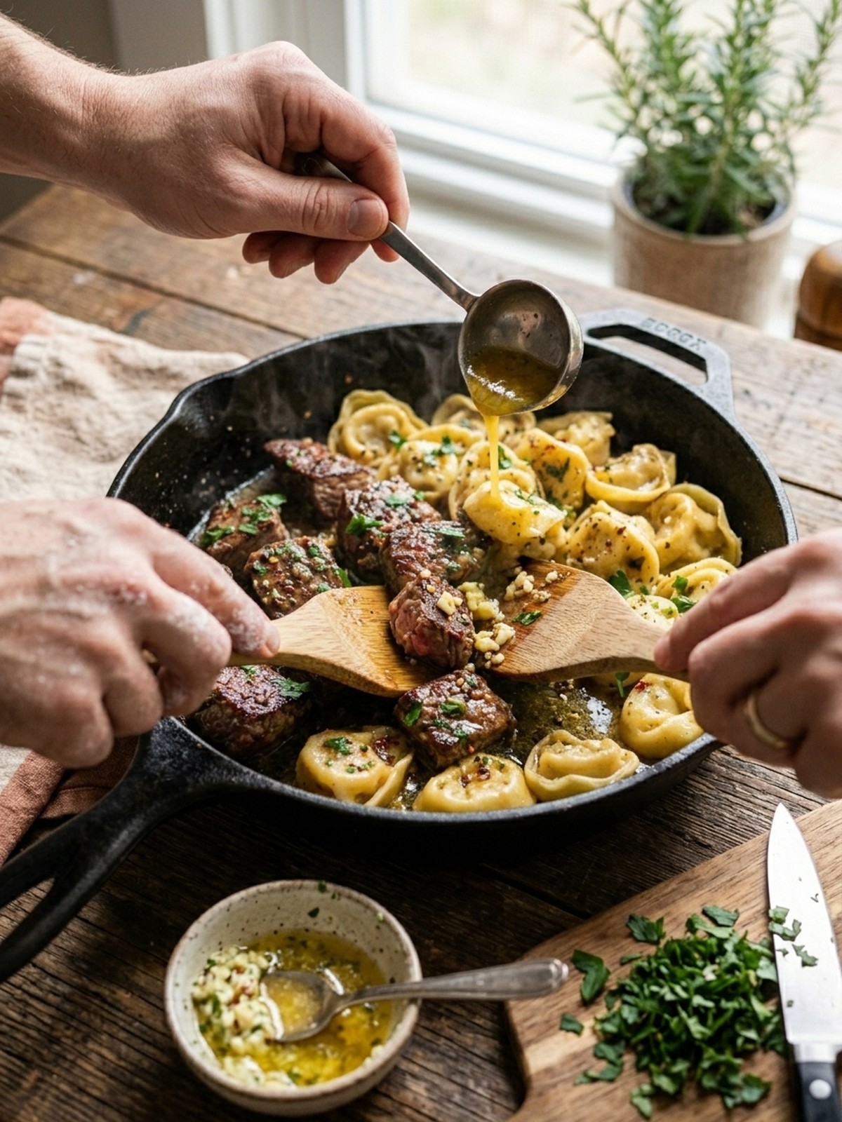 Step by step preparation of One-pan Cowboy Butter Tortellini Steak Bites