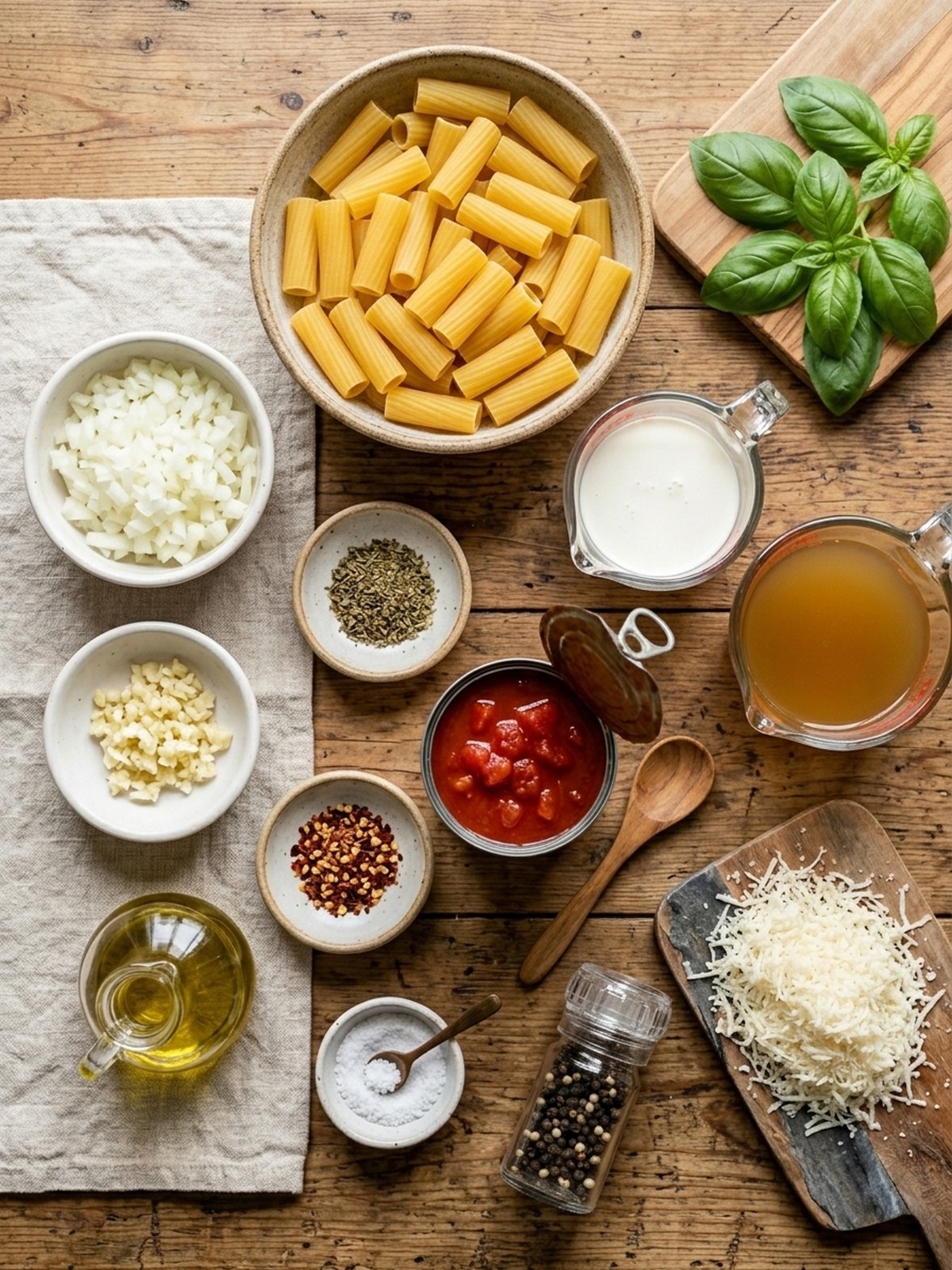One Pan Creamy Tomato Pasta ingredients arranged for cooking