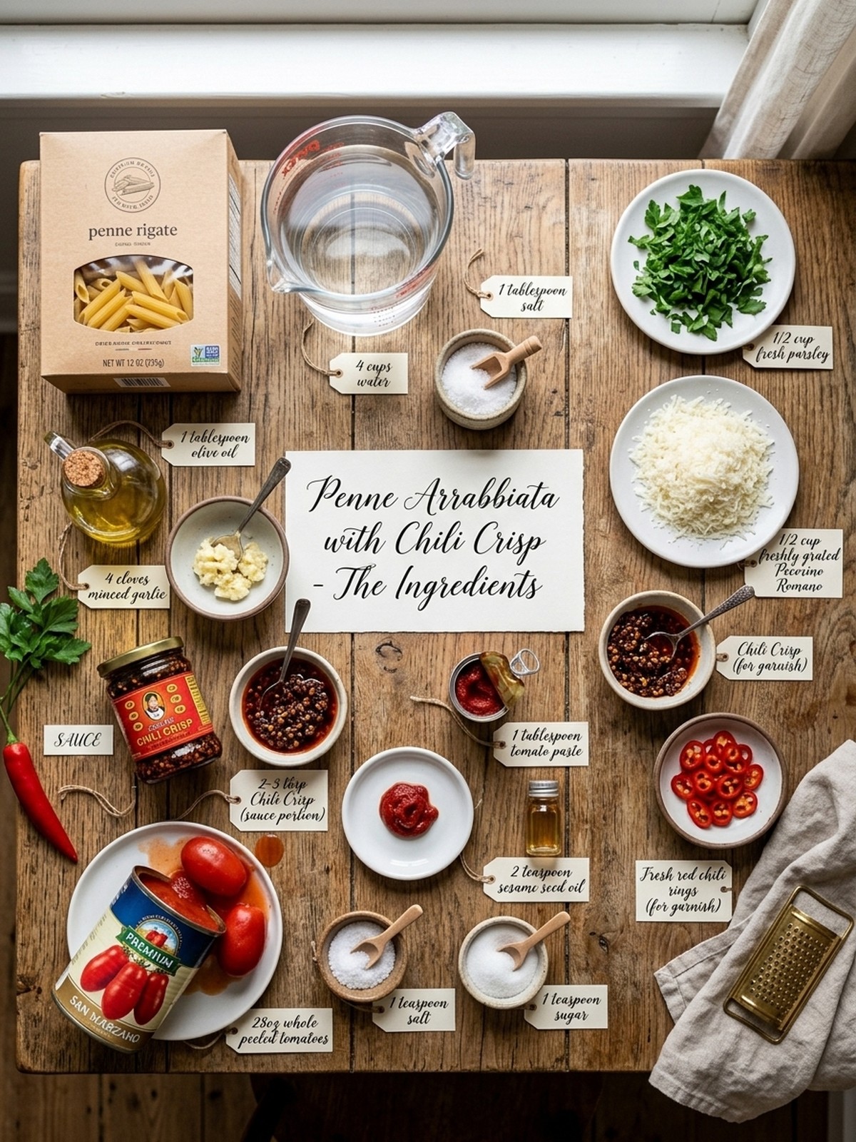 Penne Arrabbiata with Chili Crisp ingredients arranged for cooking