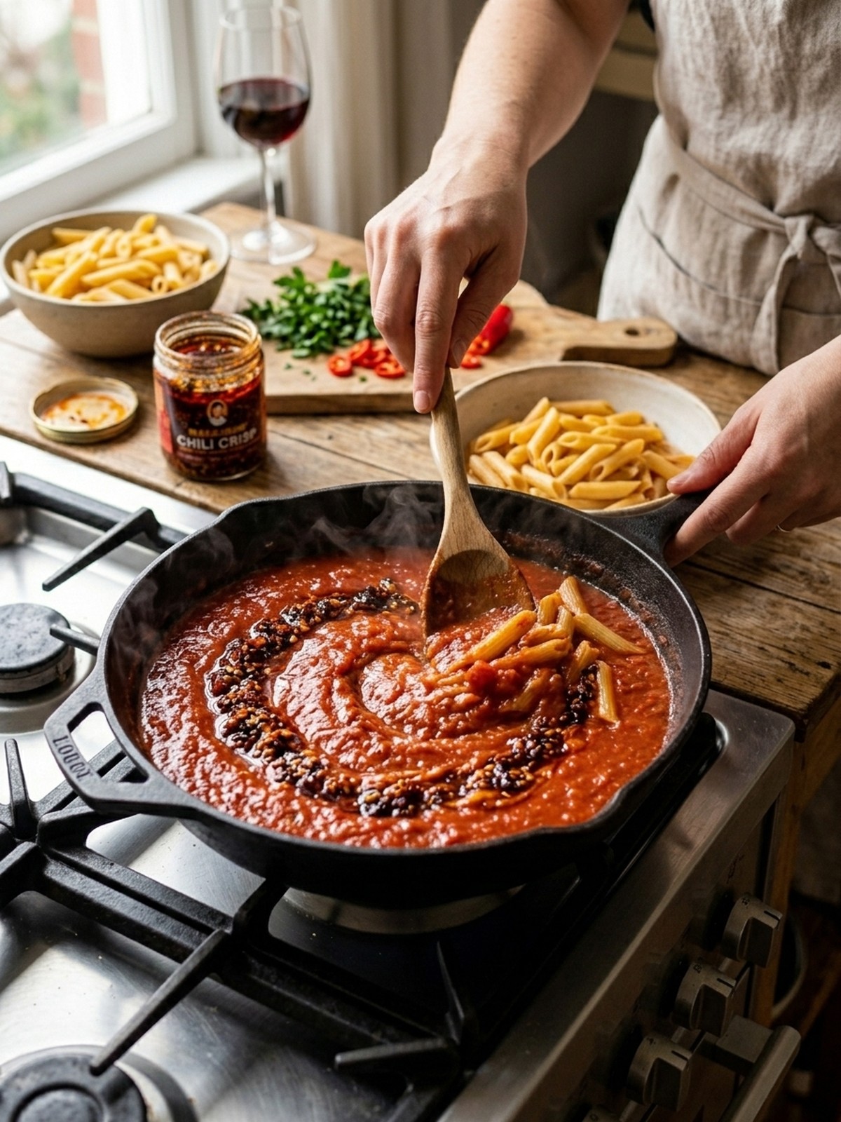 Step by step preparation of Penne Arrabbiata with Chili Crisp