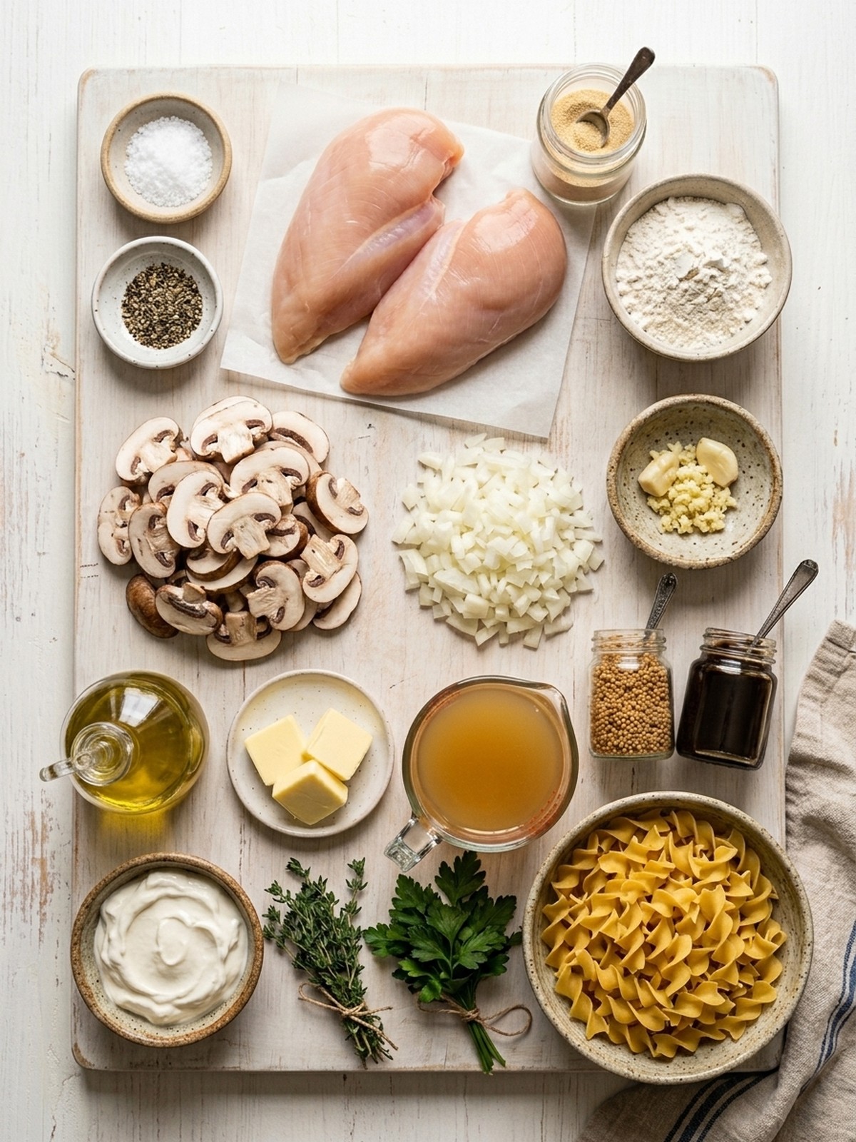Rich Chicken Stroganoff ingredients with chicken mushrooms onion sour cream broth and seasonings arranged for cooking
