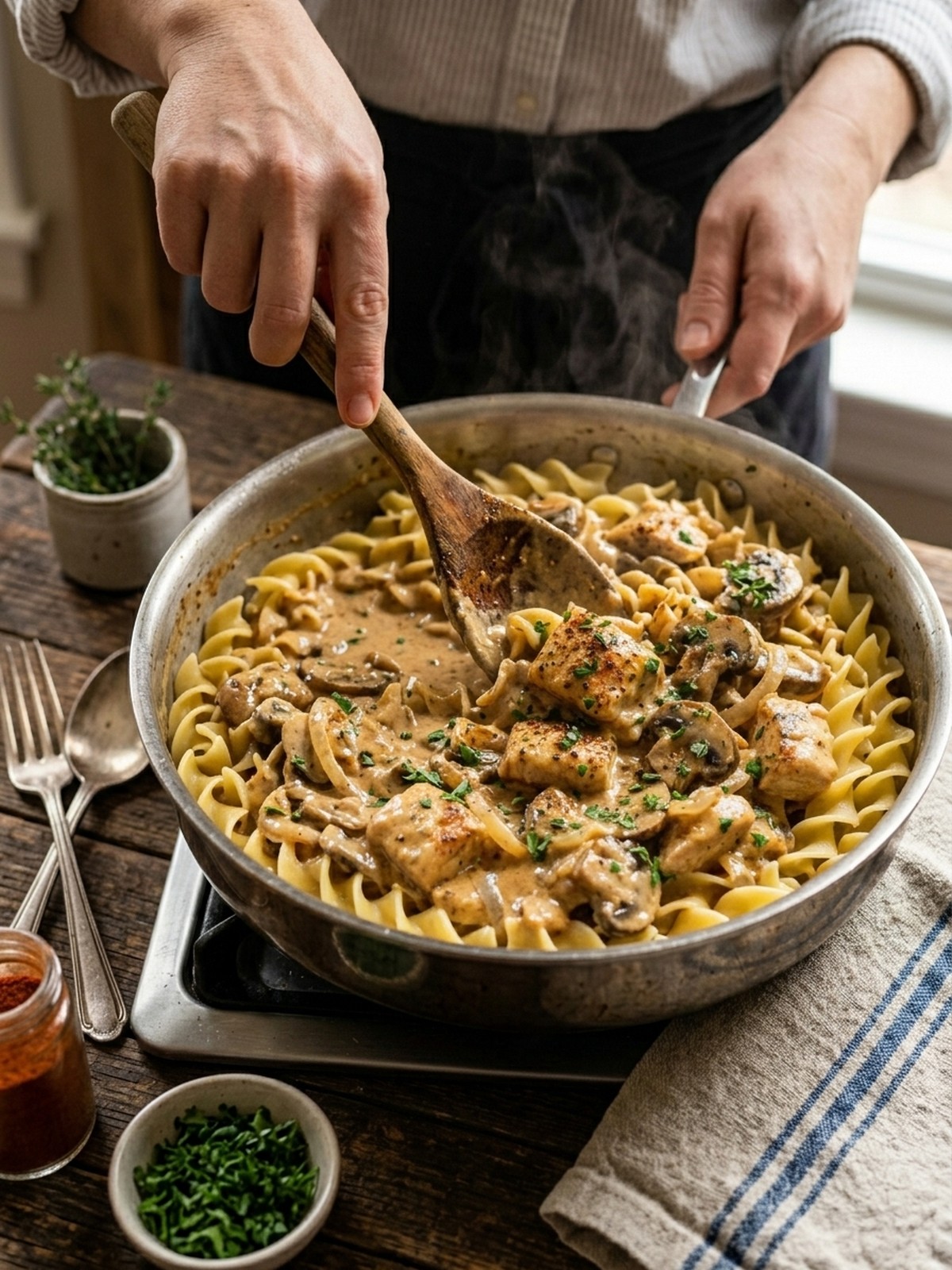 Step by step preparation of Rich Chicken Stroganoff in a skillet with creamy mushroom sauce