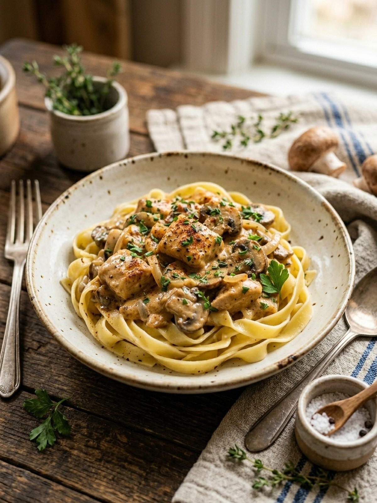 Serving and variation ideas for Rich Chicken Stroganoff with creamy mushroom sauce over a cozy dinner plate
