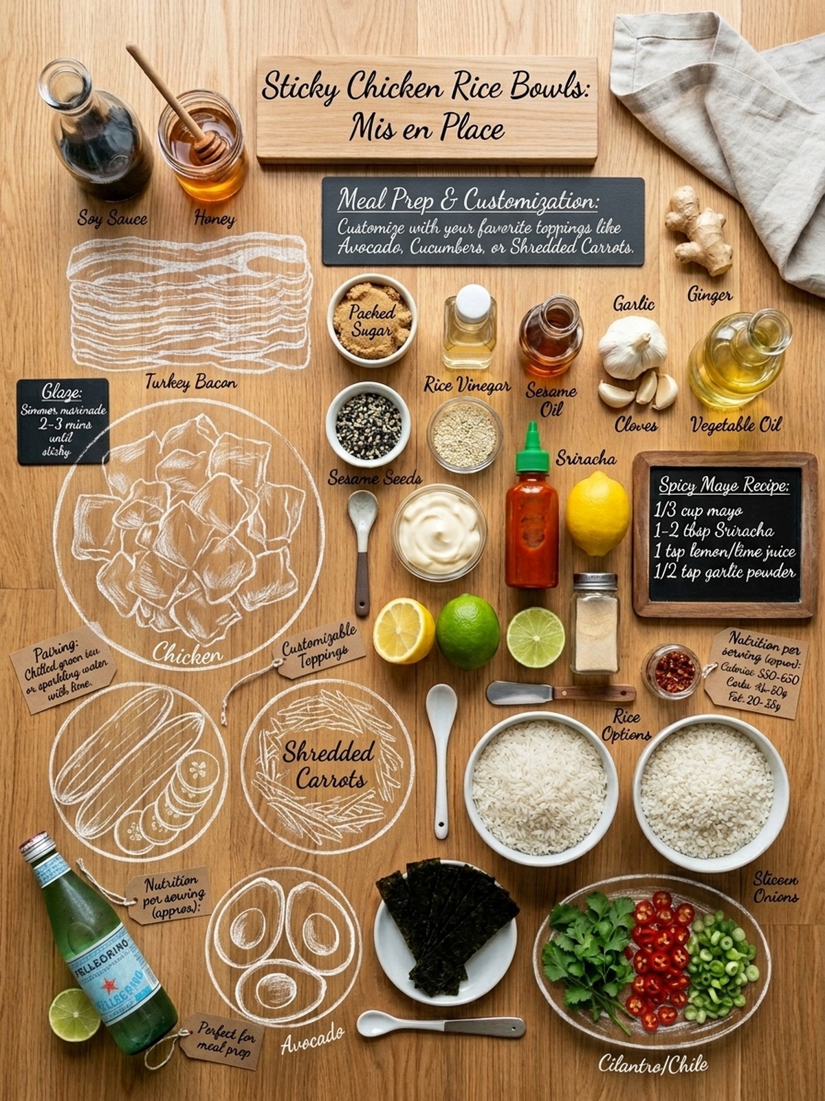 Sticky chicken rice bowls with spicy mayo ingredients arranged for cooking