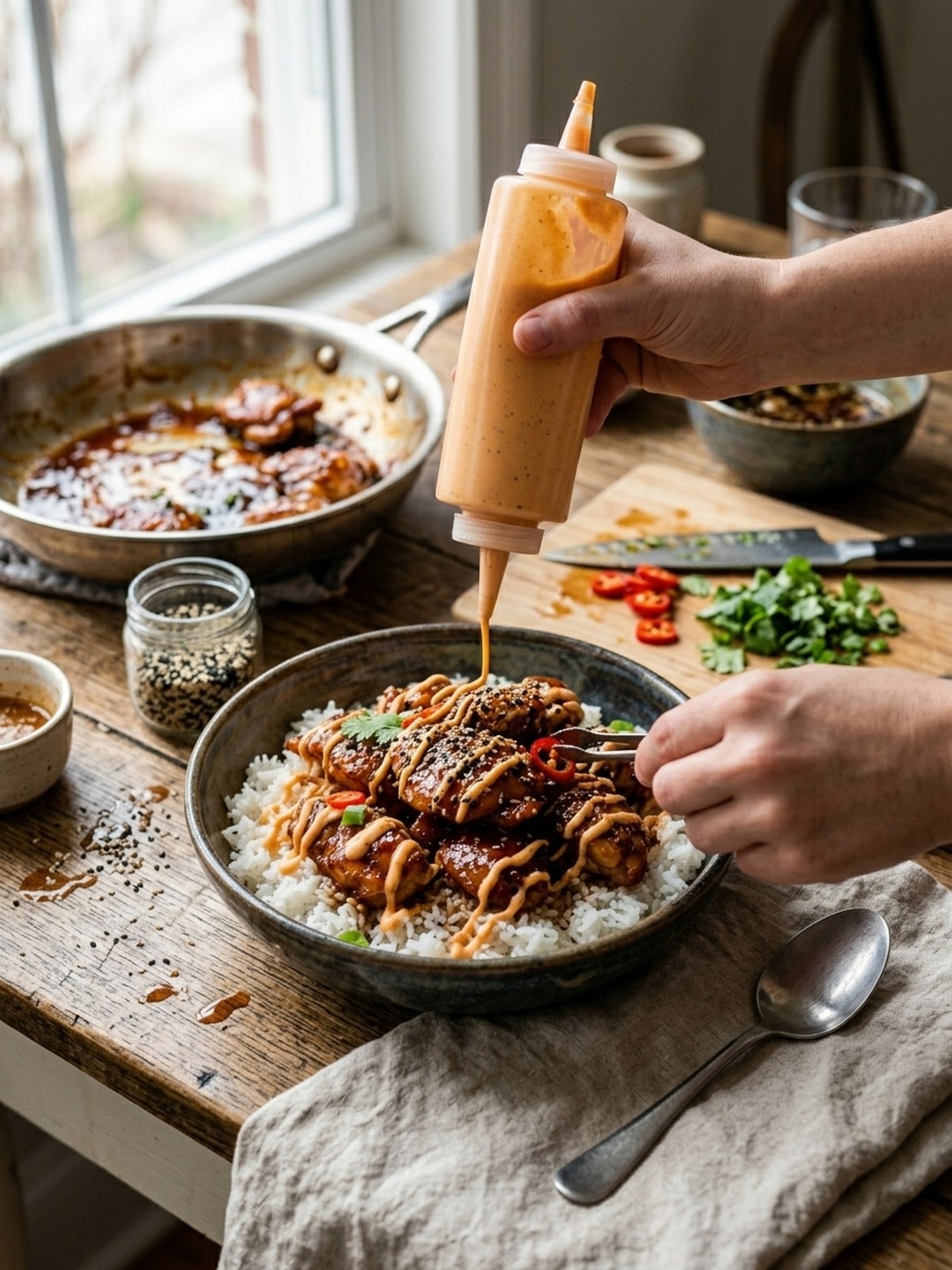 Step by step preparation of Sticky chicken rice bowls with spicy mayo